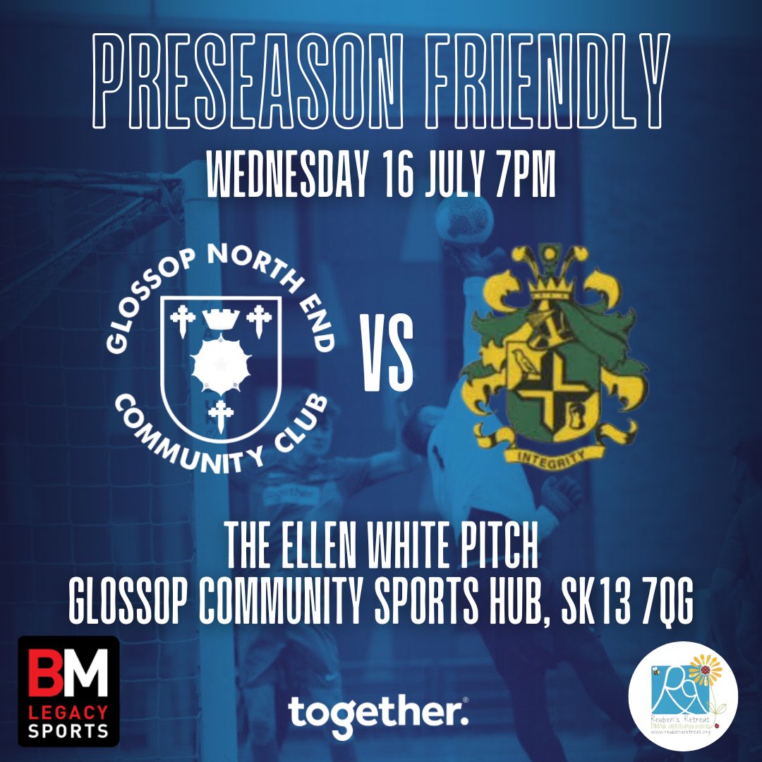 Glossop North End Community Club (@glossopfootball) on Twitter photo 🔵FIRST TEAM PRESEASON ⚪️
Our 1st Team take on <a href="/DukiTownYouthFC/">Dukinfield Town & Youth FC</a> A tomorrow night in their 2nd preseason friendly of the summer!
📍 <a href="/ellsbells89/">Ellen White</a> pitch,#Glossop Community Sports Hub
📅Wed 16 Jul 7pm
🚗SK13 7QG
💷Free
🍺Hillside Cafe open
#PlayForYourTown #BestWeCanBe #LoveTheGame 🔵FIRST TEAM PRESEASON ⚪️
Our 1st Team take on <a href="/DukiTownYouthFC/">Dukinfield Town & Youth FC</a> A tomorrow night in their 2nd preseason friendly of the summer!
📍 <a href="/ellsbells89/">Ellen White</a> pitch,#Glossop Community Sports Hub
📅Wed 16 Jul 7pm
🚗SK13 7QG
💷Free
🍺Hillside Cafe open
#PlayForYourTown #BestWeCanBe #LoveTheGame