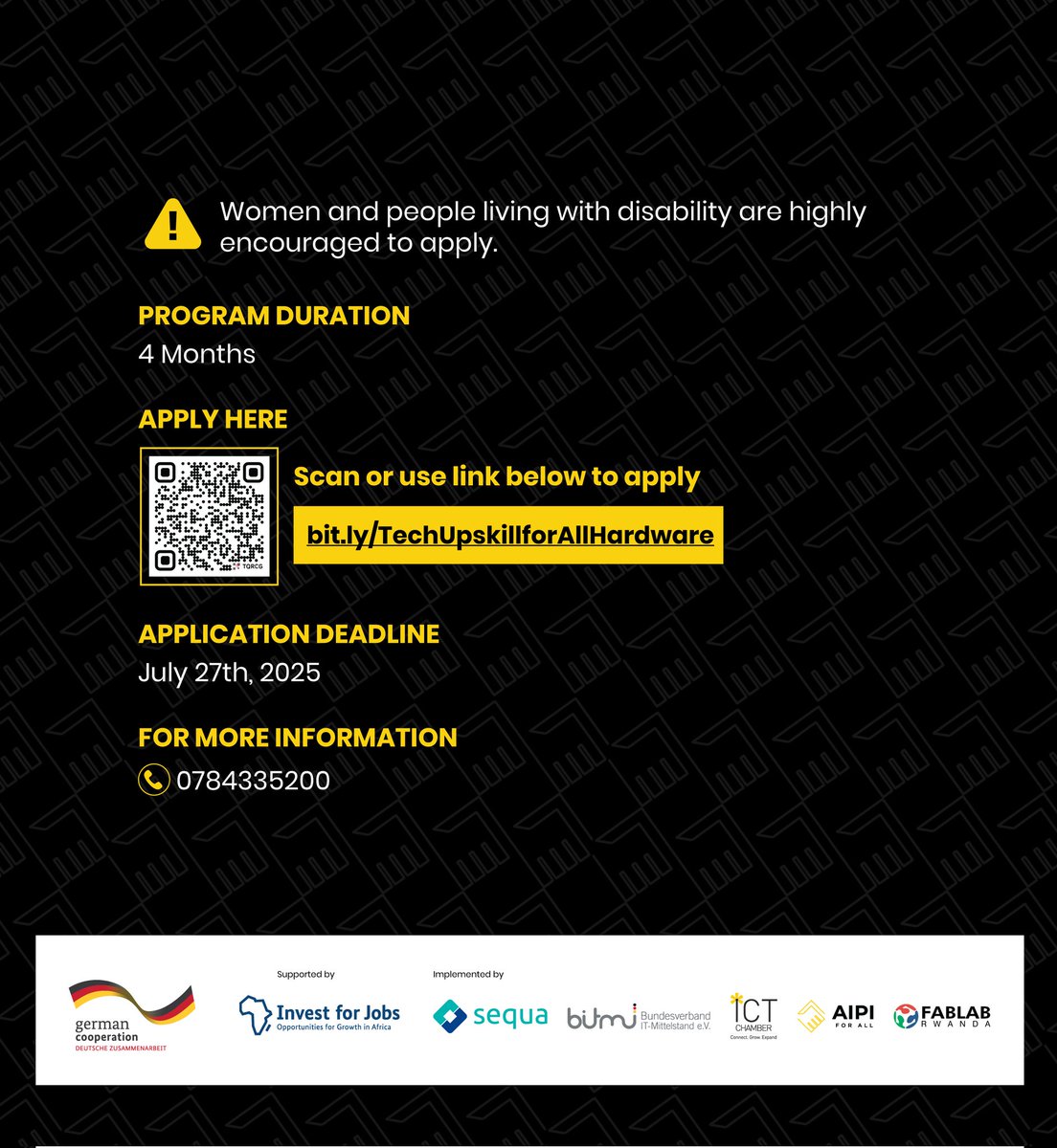 The wait is over!! Tech Upskill for All is back 🚨 

FabLab Rwanda, in partnership with AIPI ICT Rwanda, is calling for all innovators in Kigali and Musanze! 

Don't wait, secure your spot by applying now: bit.ly/TechUpskillfor… 

Deadline: July 27th, 2025.