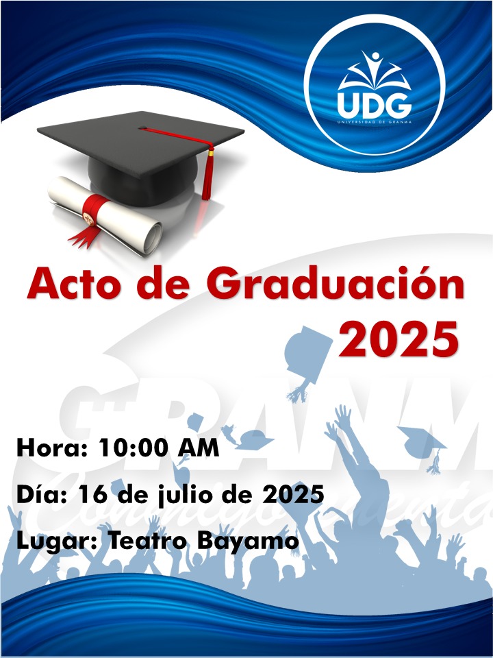 Universidad Granma (@universidad_udg) on Twitter photo 🎓 Este 16 de julio, el Teatro Bayamo acogerá el Acto de Graduación de la <a href="/Universidad_UDG/">Universidad Granma</a>.
👩🎓 Serán protagonistas en esta ceremonia, los egresados que obtuvieron Títulos de Oro, Premios al Mérito Científico Estudiantil y los reconocidos como Vanguardias, junto a sus familiares. 🎓 Este 16 de julio, el Teatro Bayamo acogerá el Acto de Graduación de la <a href="/Universidad_UDG/">Universidad Granma</a>.
👩🎓 Serán protagonistas en esta ceremonia, los egresados que obtuvieron Títulos de Oro, Premios al Mérito Científico Estudiantil y los reconocidos como Vanguardias, junto a sus familiares.