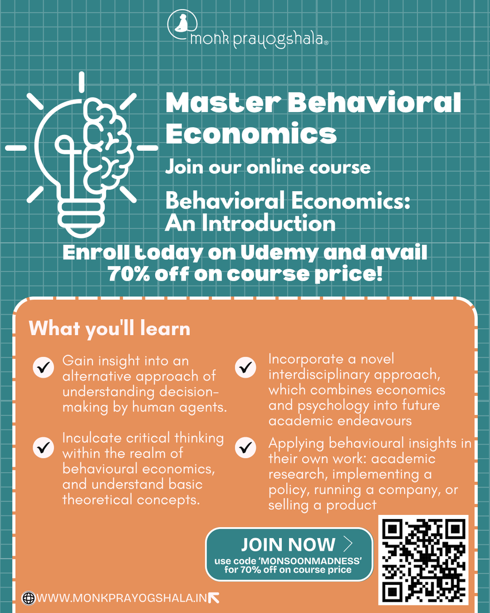 monkprayogshala's tweet image. 💡Why do people make the choices they do? Join Behavioral Economics: An Introduction on Udemy and rethink decision-making like never before.
🔗Enroll today: Scan QR or visit buff.ly/PrMJgHq