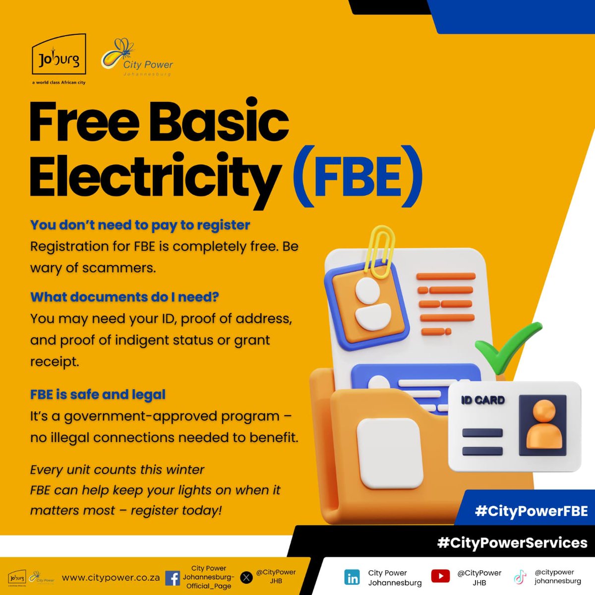 CityPowerJhb's tweet image. #FreeBasicElectricity #CityPowerServices

Joburg residents, don&apos;t miss out on Free Basic Electricity (FBE)! Registration is completely free and safe. Register today with your ID, proof of address, and grant receipt. ^OS