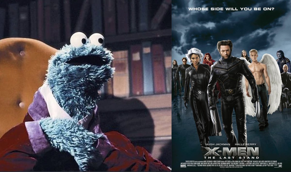 f_CookieMonster's tweet image. Cookie Monster movie review: X-Men 3 - The Last Stand (2006)
On de one hand, dis movie not as good as original or sekwel. On de other hand, it not make monster want to vomit, kick in his t.v., or punch someone in de nards.
Movie pick up where last one left off. Jean Grey be…
