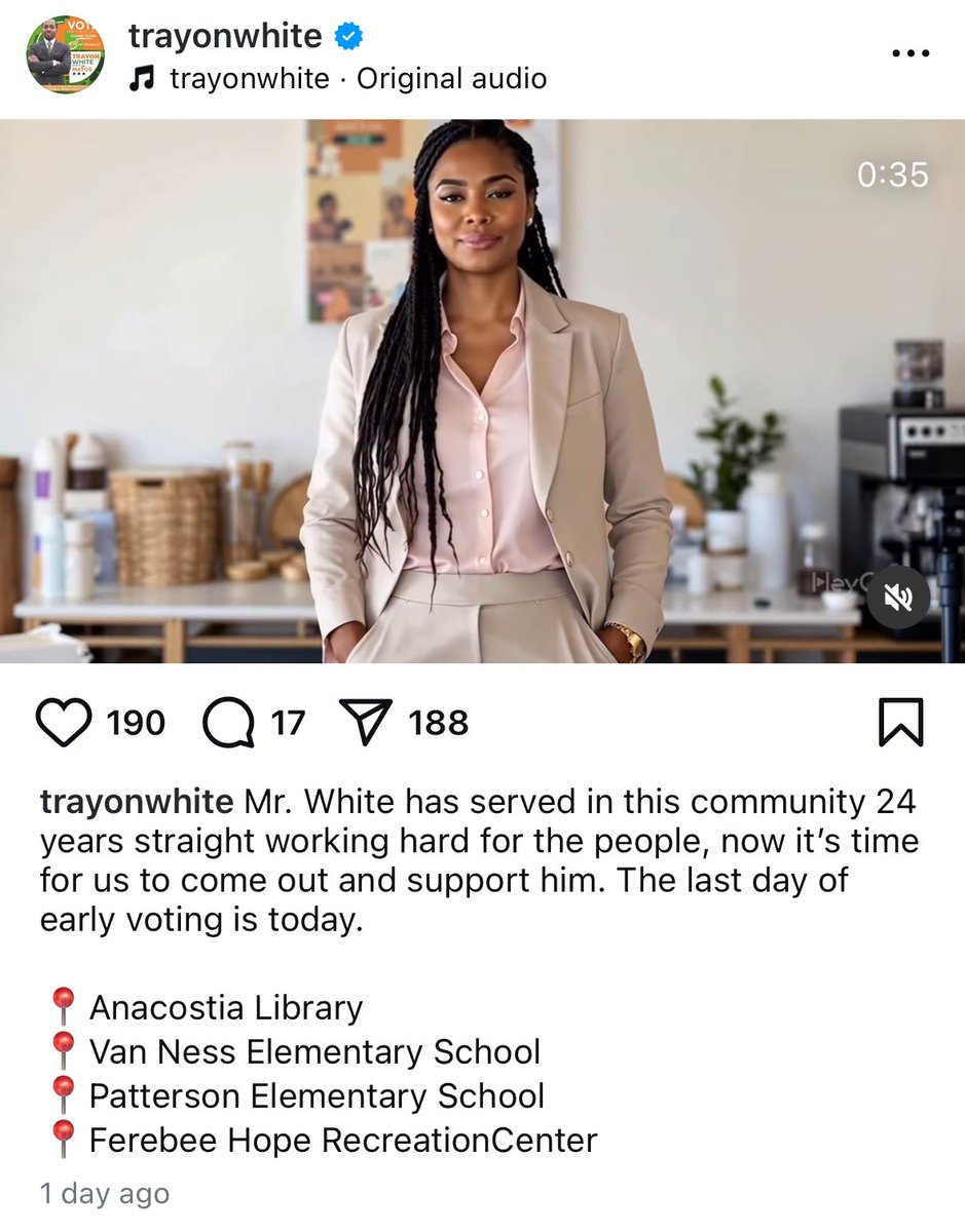 Martin Austermuhle (@maustermuhle) on Twitter photo So, this is a first in D.C. politics: Yesterday <a href="/trayonwhite/">Trayon White</a> shared a video on his Instagram account of a woman encouraging people to go vote. (There was some light endorsement of his message, also.) The video, though, is AI-generated. So, this is a first in D.C. politics: Yesterday <a href="/trayonwhite/">Trayon White</a> shared a video on his Instagram account of a woman encouraging people to go vote. (There was some light endorsement of his message, also.) The video, though, is AI-generated.