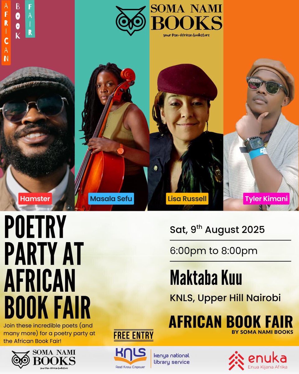 SomaNamiBooks's tweet photo. There will be a poetry party at the  African Book Fair(who said that👀)

We did!😊
Join us for an incredible  evening  featuring incredible  poets among them Hamster,Masala Sefu ,Lisa Russel ,Tyler Kimani and many many more💛🎤
📆9th August 2025
Time:6pm to 8pm
Venue: Maktaba Kuu https://t.co/9AYJanaD05