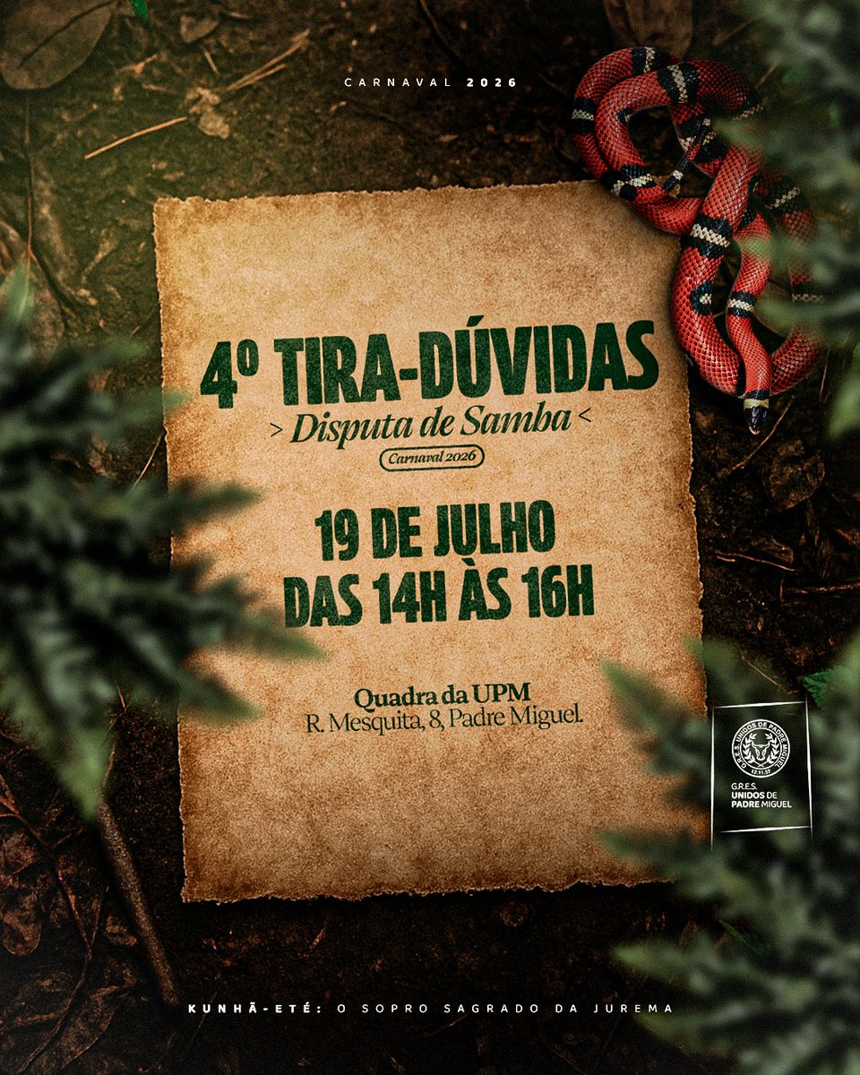 📣 4º Tira-Dúvidas – Disputa de Samba

Nosso último encontro antes da entrega dos sambas para o Carnaval 2026 está marcado!

🔥 Chegou a hora de tirar as últimas dúvidas rumo ao samba que vai embalar o nosso enredo.

#UnidosDePadreMiguel #Carnaval2026