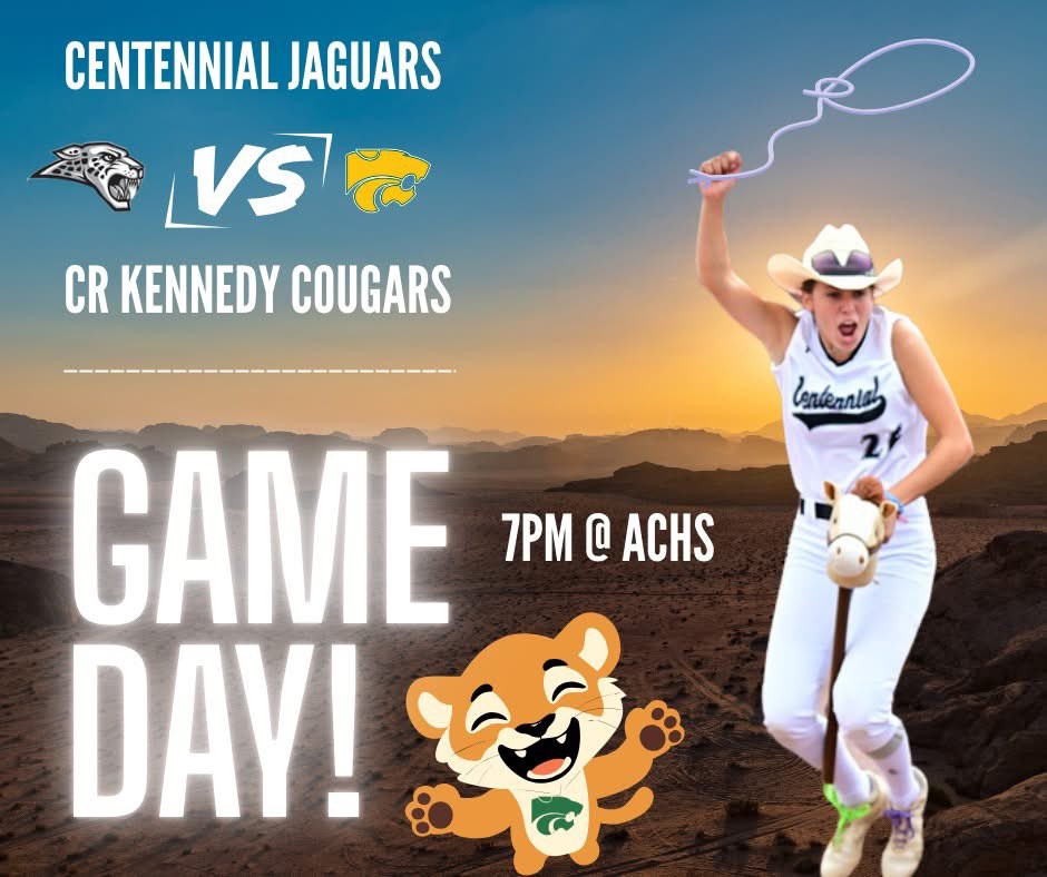 The Jags are takin’ on the Cougars in a high-stakes duel on our home turf &amp; the winner’s ridin’ straight to the STATE TOURNEY! 🐆🏜️

🥎Jags vs. Cougars
⏰ 7p
🏟️ ACHS
🎟️ Bound
📺 @CentennialDigital