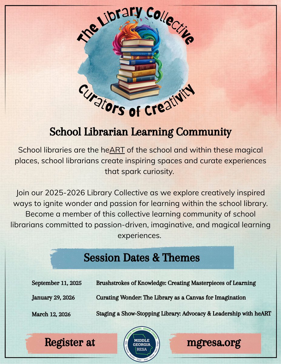 MiddleGaRESA's tweet image. 🎨📚 School libraries = the heART of learning!
Join the Library Collective: Curators of Creativity—a magical series for K–12 librarians! ✨
Let’s spark curiosity, lead with passion, and create library magic! 💫
Register: mgresa.org
#LibraryCollective #LibraryMagic