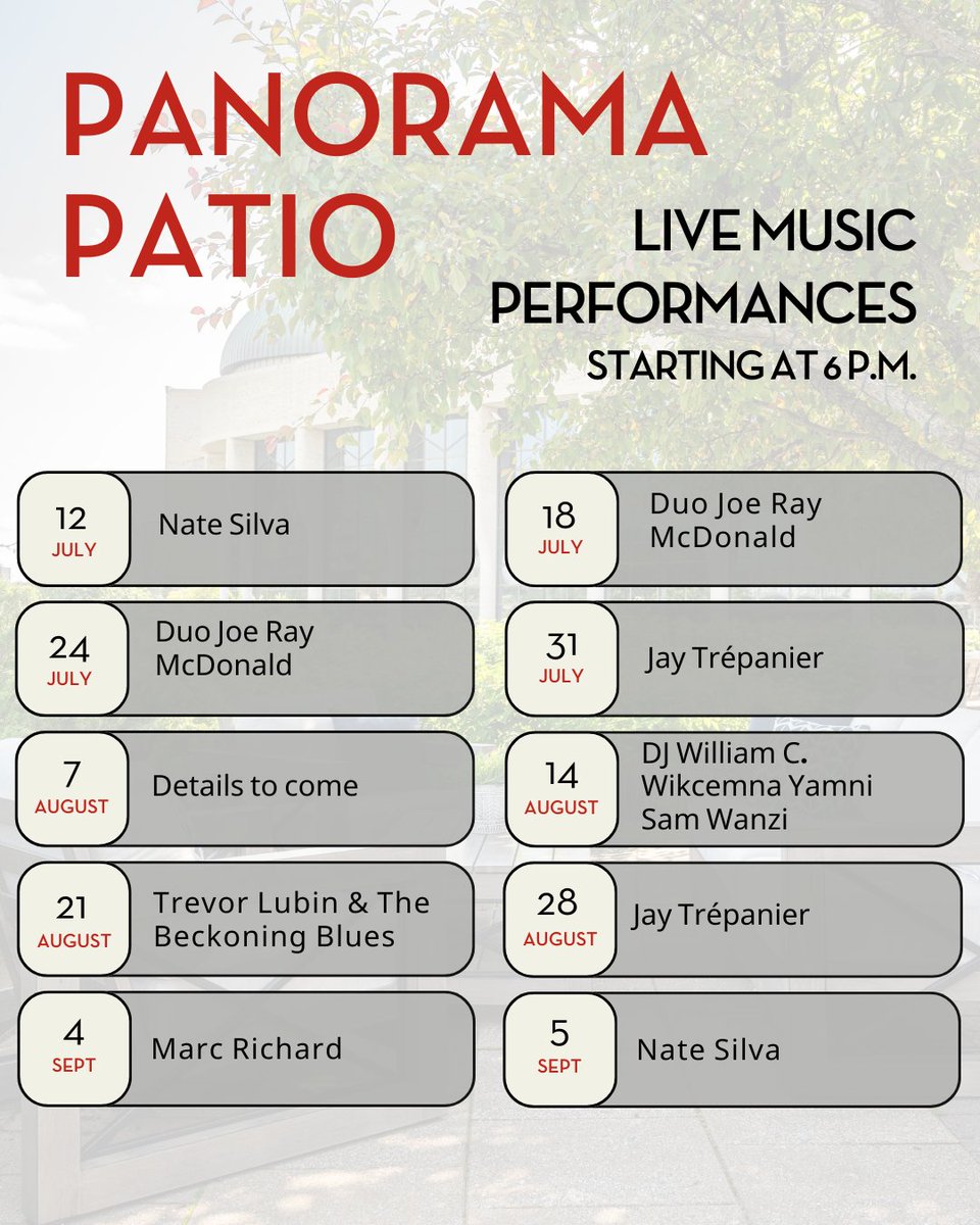 Breathtaking views ✔ 
🍔 Delicious food ✔ 
🎶 Live music every week ✔ 
🍹🥂 Great drinks ✔ 

The Panorama Patio is the spot to be! 
📅 Thursday to Saturday, from 4 p.m., until September 6. bit.ly/4kQtCNm