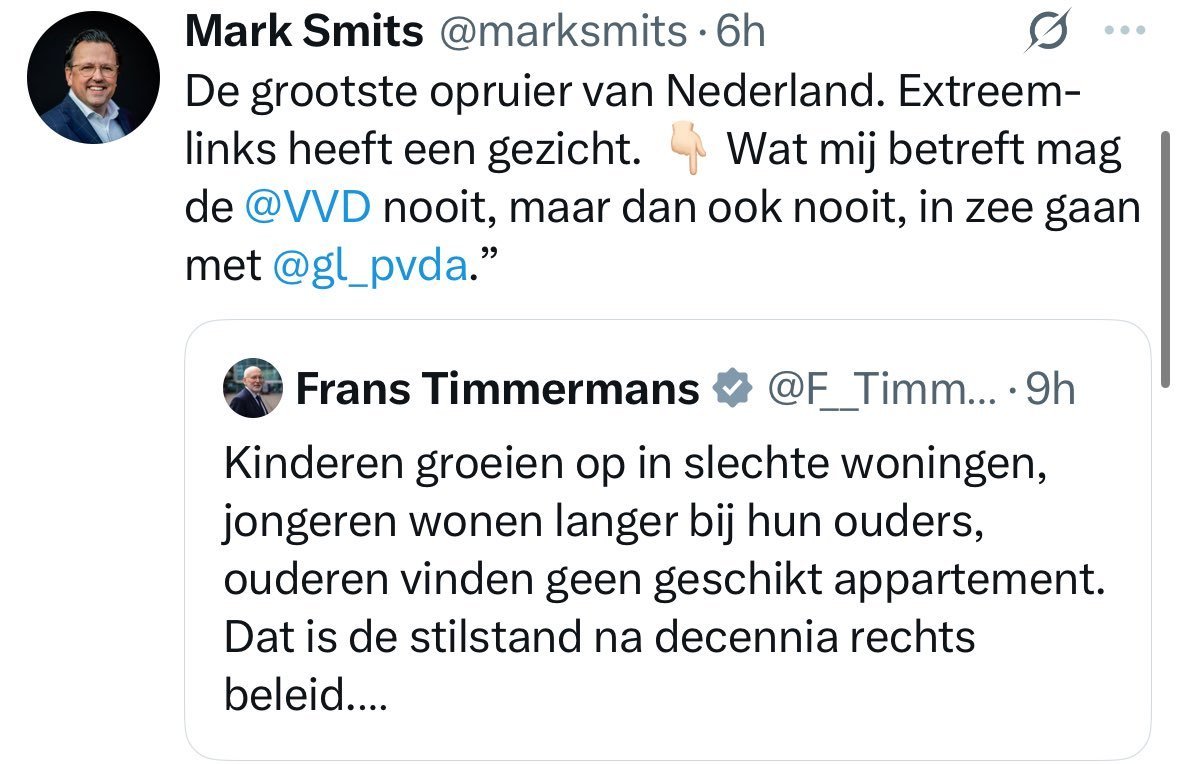In deze (inmiddels verwijderde) tweet wijst de VVD-fractievoorzitter in Gelderland Mark Smits op wat mogelijk komen gaat:

Een cordon sanitaire rond GL/PvdA in plaats van de PVV.

Een blijk van hoe ver de Nederlandse politiek is verrechtst.

🧵De uitsluiting van GL/PvdA