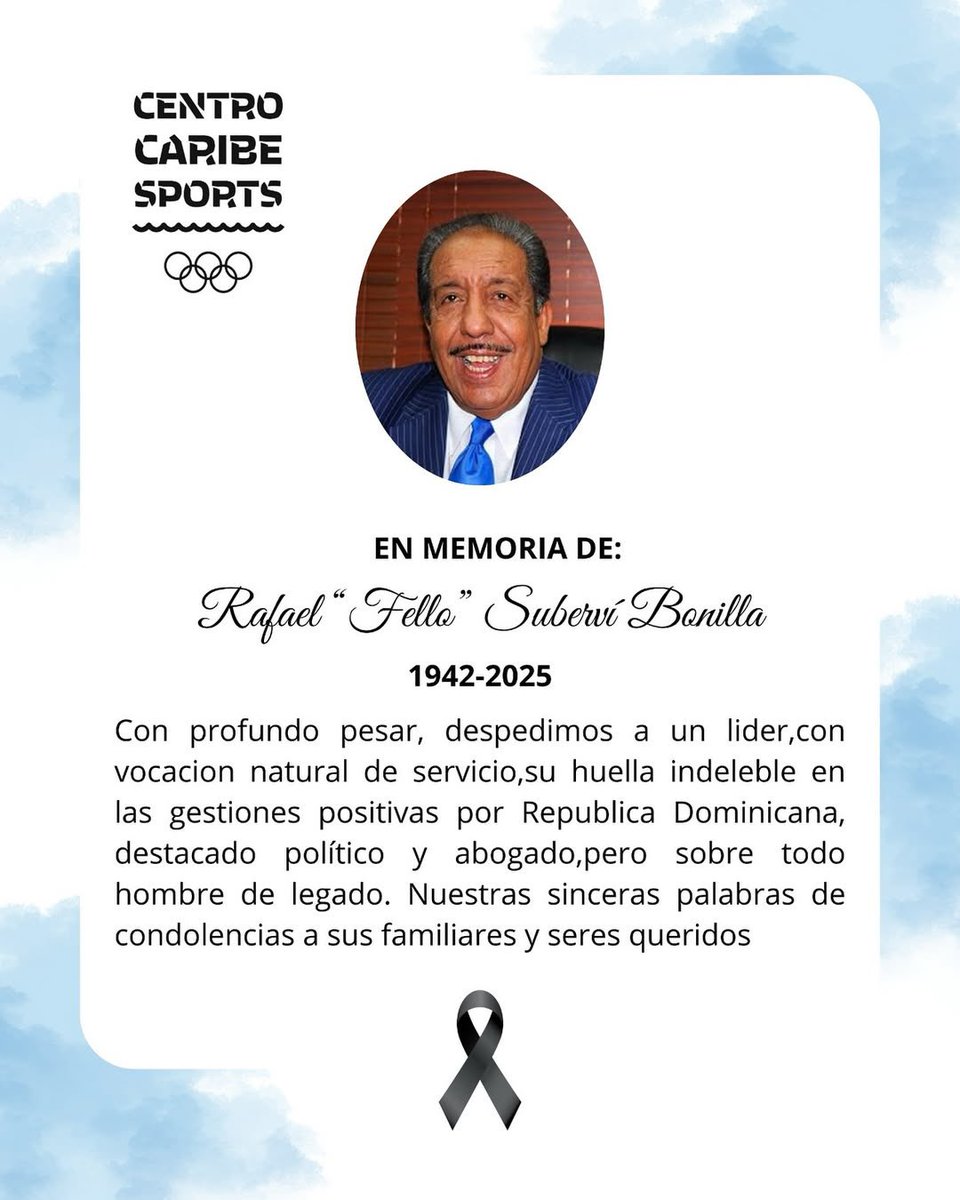La Organización Deportiva del Deporte en Centroamérica y el Caribe,su presidente Luis Mejía Oviedo y la Junta Directiva,lamentan la pérdida de Rafael “ Fello” Suberví Bonilla. Con profundo pesar, despedimos a un lider,con vocacion natural de servicio,su huella indeleble en las