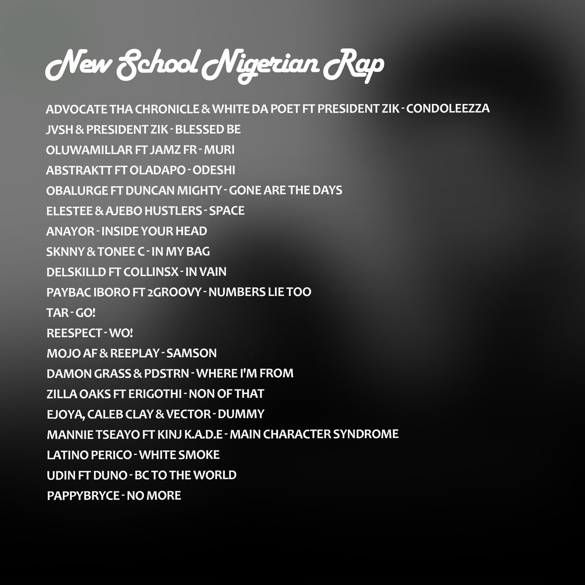 HipHop Nigeria (@nigerian_hiphop) on Twitter photo Discover the best of new generation Nigerian hiphop.
Cover: <a href="/Adthachronicle/">Advocate Tha Chronicle</a> & <a href="/whitedapoet/">White Da Poet</a>
open.spotify.com/playlist/7u9xI…
Featuring
OluwaMillar, Damon Grass, D-44 Abstrakt, Caleb Clay, Zilla Oaks, Oba Lurge, Fimi, <a href="/itsreespect/">agent reespect</a> <a href="/perrico_latino/">Latino Perrico</a> <a href="/Delskilld__/">DELSKILLD 🇳🇬🖤👑</a> <a href="/LookatPayBac/">OMOBOY THE MIXTAPE🤚🏾 out now!</a> <a href="/2grooovyy/">2GROOVY</a> Discover the best of new generation Nigerian hiphop.
Cover: <a href="/Adthachronicle/">Advocate Tha Chronicle</a> & <a href="/whitedapoet/">White Da Poet</a>
open.spotify.com/playlist/7u9xI…
Featuring
OluwaMillar, Damon Grass, D-44 Abstrakt, Caleb Clay, Zilla Oaks, Oba Lurge, Fimi, <a href="/itsreespect/">agent reespect</a> <a href="/perrico_latino/">Latino Perrico</a> <a href="/Delskilld__/">DELSKILLD 🇳🇬🖤👑</a> <a href="/LookatPayBac/">OMOBOY THE MIXTAPE🤚🏾 out now!</a> <a href="/2grooovyy/">2GROOVY</a>