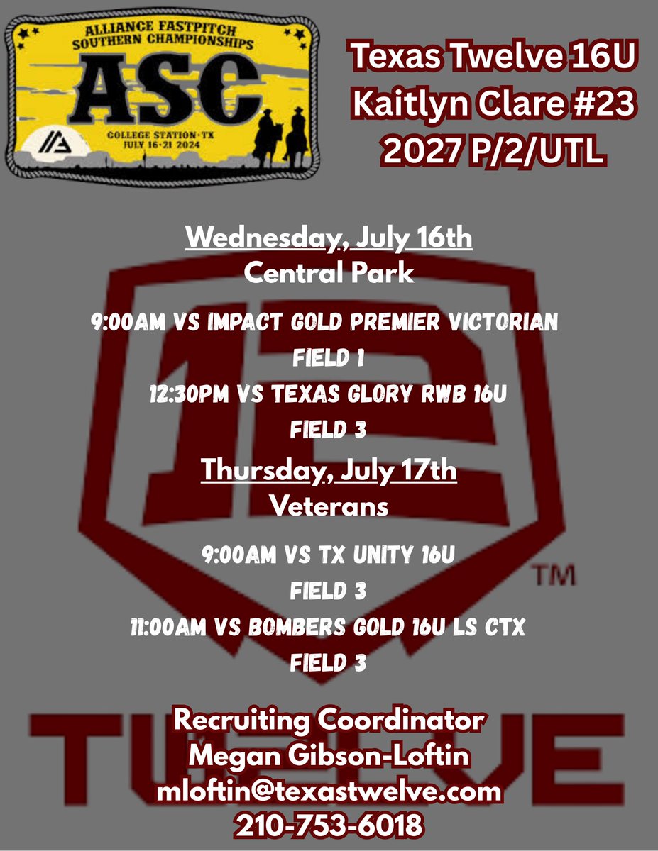 Excited to get back on the field tomorrow in College Station for the Alliance Southern Championships. ⬇️⬇️⬇️  <a href="/SoftballTwelve/">Twelve Softball</a> <a href="/SUPiratesSB/">Southwestern SB</a> <a href="/ETBU_Softball/">ETBU Softball</a> <a href="/TLUsoftball/">TLU Softball</a> <a href="/CruSoftball/">UMHB Softball🥎</a> <a href="/UTDCometSB/">UT Dallas Softball</a> <a href="/HCUSoftball/">HCU Softball</a> <a href="/USTCeltsSB/">UST Softball</a> <a href="/LETUSoftball/">LETU Softball</a> <a href="/McLennan_SB/">McLennan Softball</a> <a href="/sfa_softball/">SFA Softball</a> <a href="/TwelveRecruitSB/">Texas Twelve Recruiting Softball</a>