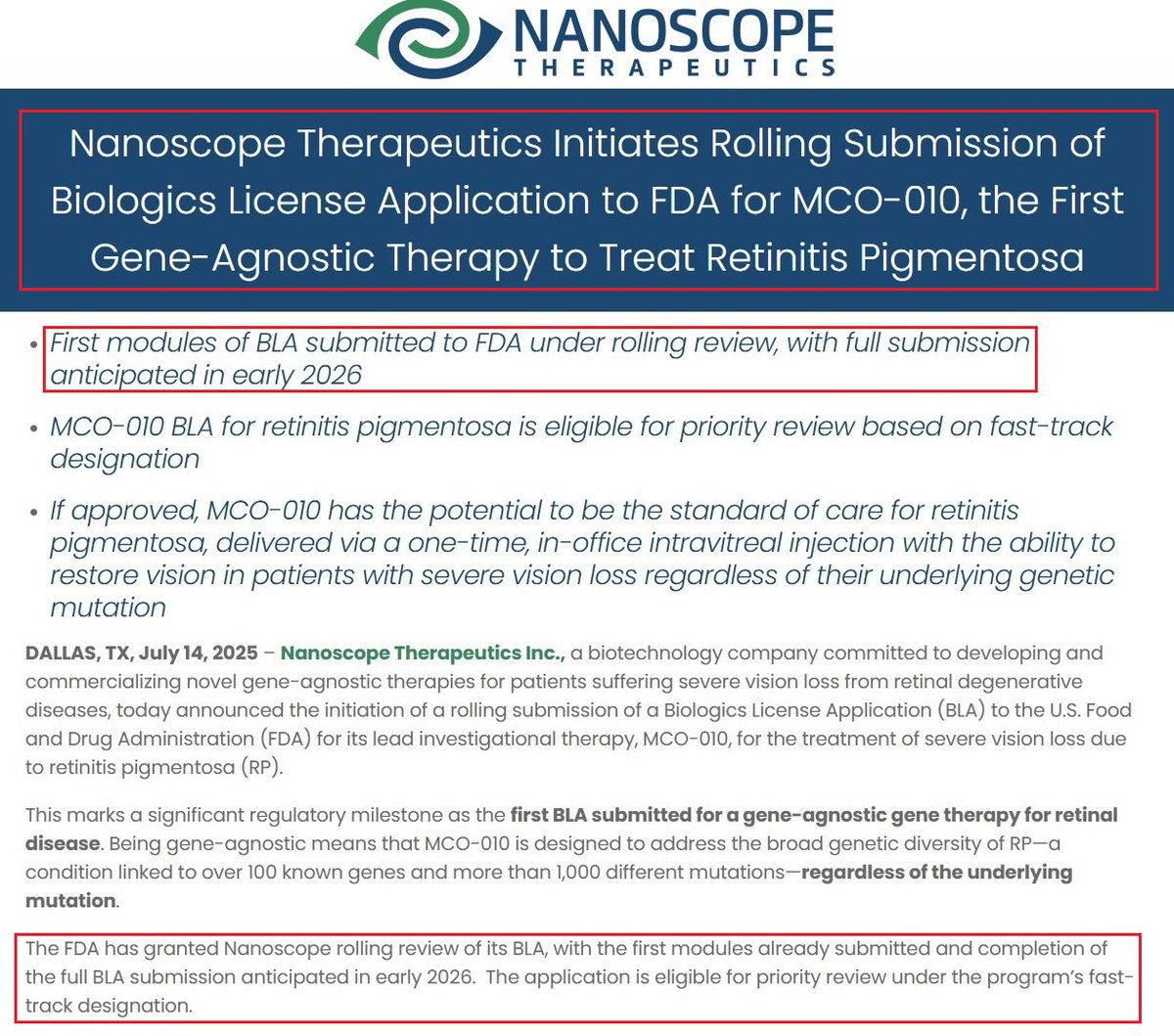 1/🚨WOW! Nanoscope Therapeutics just announced the initiation of a rolling submission of a Biologics License Application (BLA) to the U.S. FDA for its lead optogenetic therapy - MCO-010, aimed to treat severe vision loss due to Retinitis Pigmentosa (RP). This marks a significant