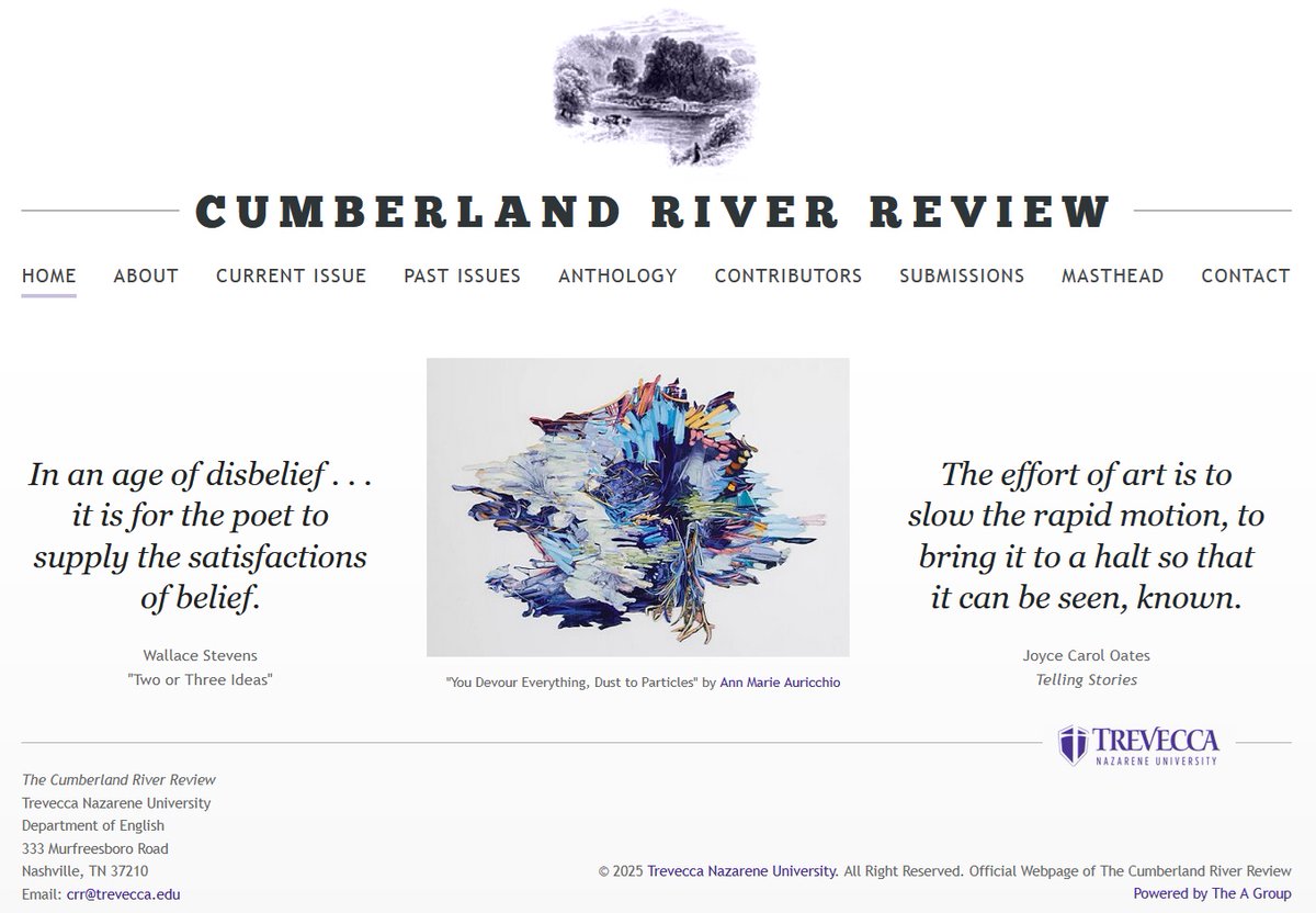 CRRLitMag's tweet image. We can't stop publishing quarterly issues! How about new work by Brad Davis, Kathleen Fagley, George Looney, Michael Mark, Clay Matthews, Robert McNamara, Mirabella Mitchell, Ben Charles Rhodes, Louise Robertson, Reagan Upshaw, and Beth Oast Williams?
crr.trevecca.edu