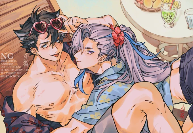 イベントで新刊にお付けしたのポストカード絵、供養しちゃお。脱稿明けテンションで描いたので二人ともハジケてます