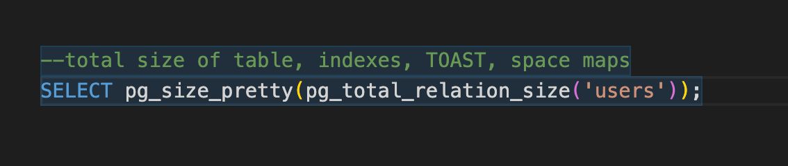 crunchydata's tweet image. Need to measure the size of a Postgres table? `SELECT pg_relation_size('table_name');` will do it for the main relation file. But `pg_relation_size()` just gives you the size of the HEAP table itself. It doesn’t take into account all of the indexes, TOAST tables, free space maps…