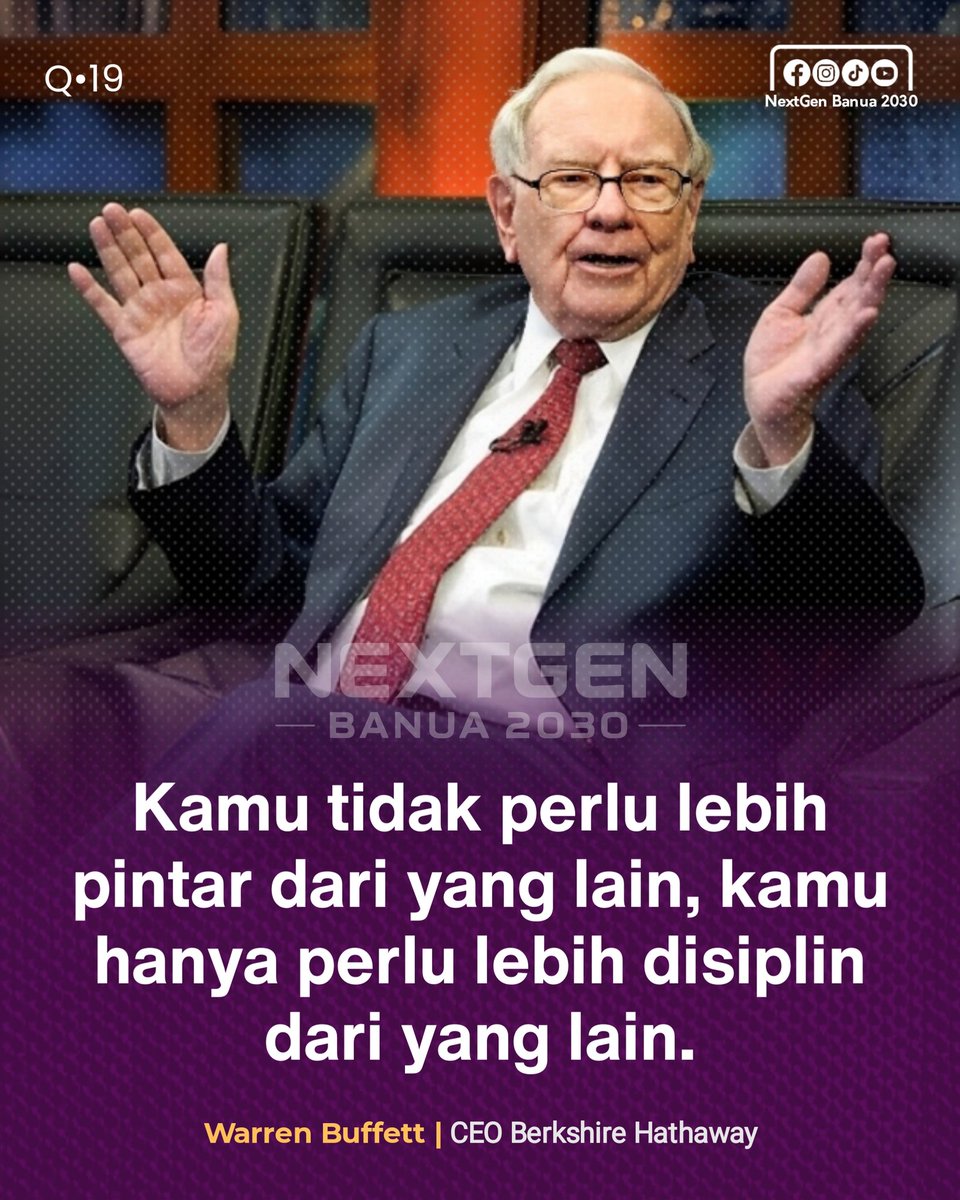 NextGenBanua's tweet photo. Q•19 | Disiplin: Jalan Menuju Unggul
Bukan soal seberapa pintar kamu, tapi seberapa konsisten kamu bertindak benar.

#nextgenbanua #growthmindset #disiplin #fokus https://t.co/z5uHf8kdtA
