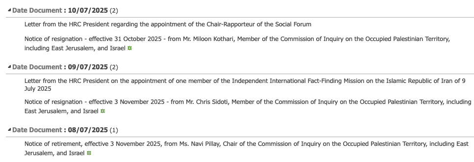 This should be a much bigger story: in the days surrounding the U.S. announcing sanctions on Francesca Albanese, all three members of the UN commission investigating Israel quietly resigned.