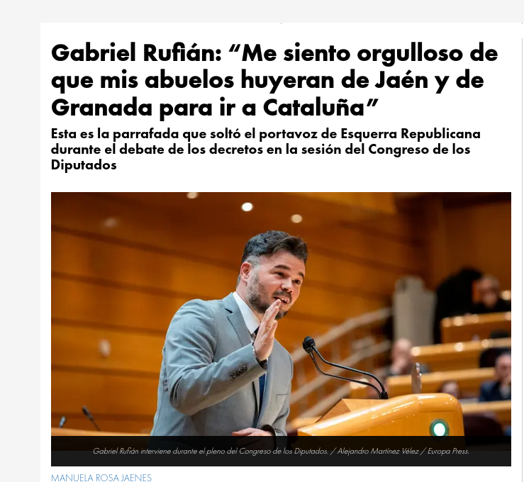 3qu4l1zer's tweet photo. @patuquina23 Estúpido y malicioso😉. 1⃣Rufián nació en Santa Coloma de Gramanet, sus abuelos sí  eran de Jaén. 2⃣Aunque Rufián hubiera nacido en el otro extremo del mundo, no por  eso perdería su derecho a luchar por la independencia de Cataluña,  Escocia o la tierra que le viniera en gana🖕 https://t.co/0QILq29ez4