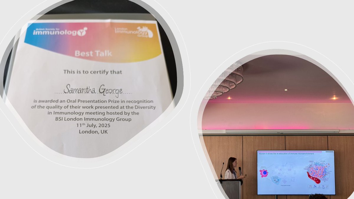 VickySanzMoreno's tweet image. Congratulations to @samantha_l_geo for receiving the Best Talk Prize at "The Diversity in Immunology Meeting" by the @britsocimm , for her beautiful work on tumour-associated macrophages. We are very proud of you Sam! 馃ぉ