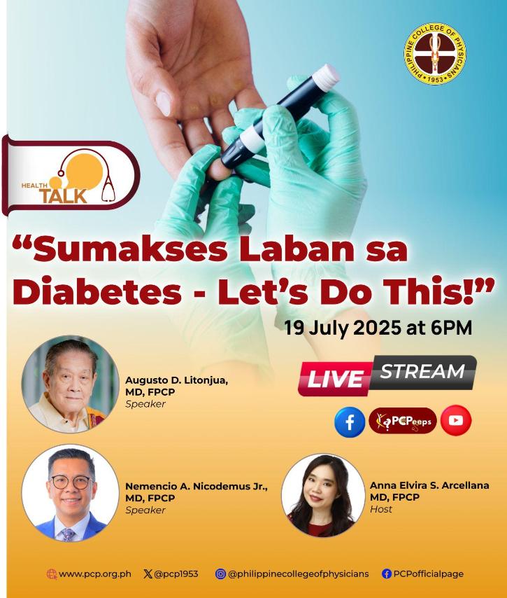 #PCPHealthTalk | Mga Ka-PCPeeps, SAMA SAMA TAYONG SUMAKSES SA LABAN KONTRA DIABETES. Samahan niyo kami mga Ka-PCPeeps upang paigtingin ang kaalaman tungkol sa Diabetes.  

#PCPHealthTalk #PCPParasaBayan #PhilippineCollegeOfPhysicians #PhysiciansCaringForThePhilippines