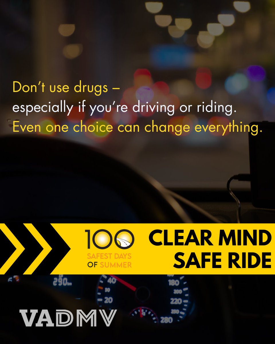 VirginiaDMV's tweet image. ☀️ Teen Drivers: Stay Safe All Summer Long! 🚗
Don’t let high choices take you down the wrong road.
💨 Marijuana slows reaction time, reduces coordination, and impairs judgment.
Visit 100safestdaysofsummer.org for more information
#100SafestDaysVA #TeenDriverSafety