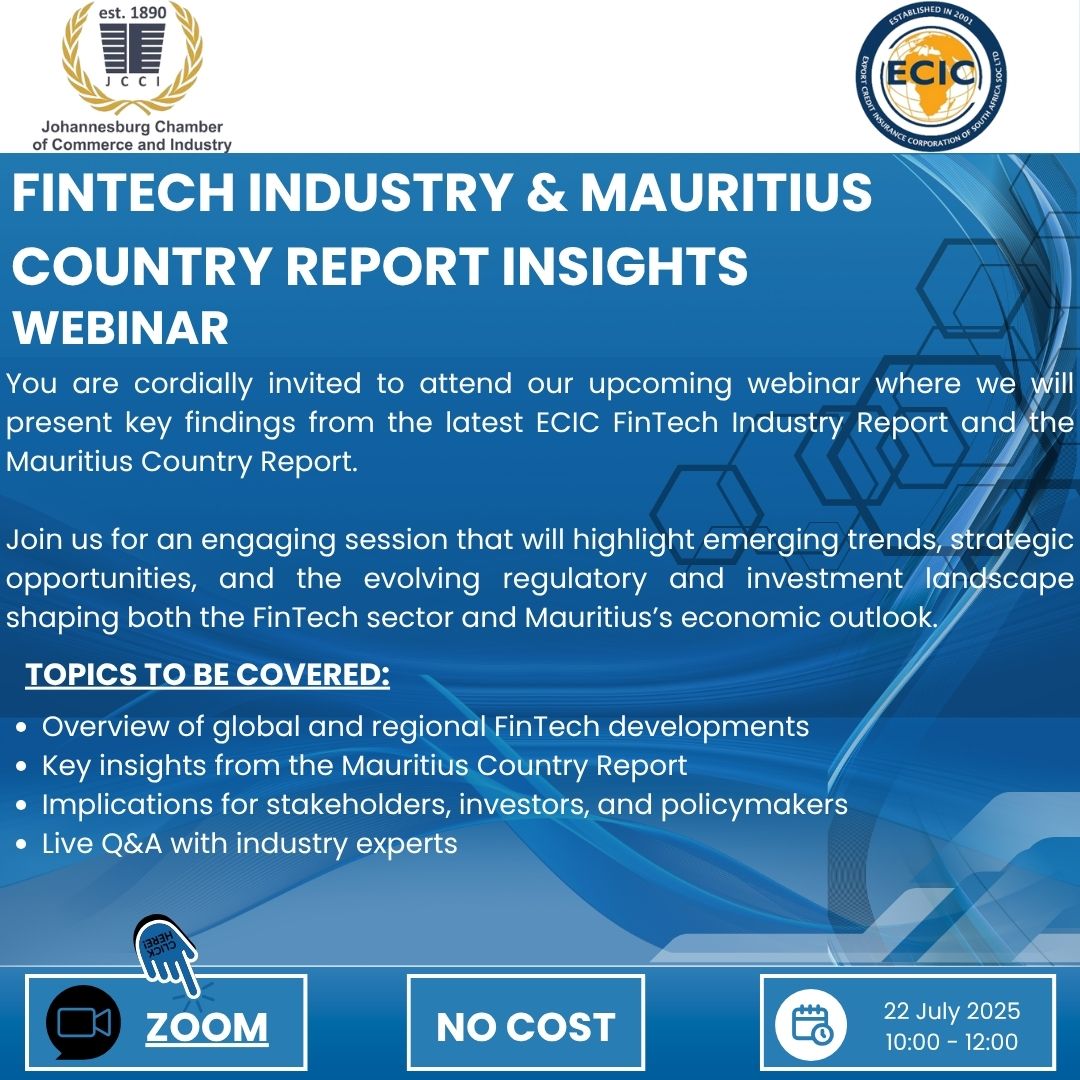 📢 Join ECIC &amp; JCCI for a free webinar on 22 July (10:00–12:00) 🕙
Insights on FinTech trends &amp; the Mauritius Country Report 🌍
💬 Live Q&amp;A with experts
🔗 Register: jcci-za.zoom.us/meeting/regist…
#FinTech #Mauritius #Webinar #AfricaFinance