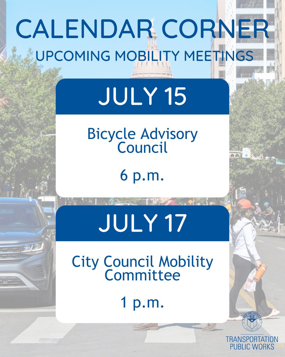 austinmobility's tweet image. 🗓️ Calendar corner: Mobility meetings ahead
📌 Bicycle Advisory Council, Today 6 p.m.
📌 #ATXCouncil Mobility Committee, Thursday 1 p.m.
More in the latest Austin Mobility News 👉 bit.ly/4lDYhxO