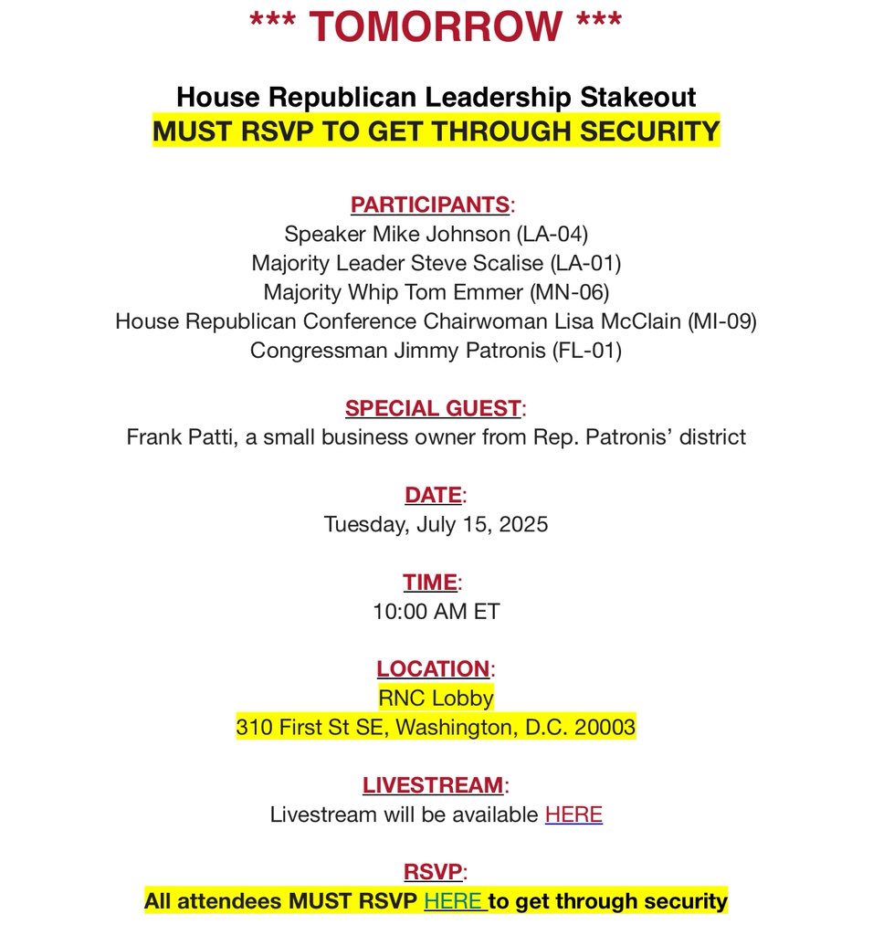 PatronisFL's tweet image. 🚨Join House Leadership, Frank Patti from Patti Marine, and me online for One, Big, Beautiful Press Conference at 10AM ET! Watch here: bit.ly/4nVgKb4