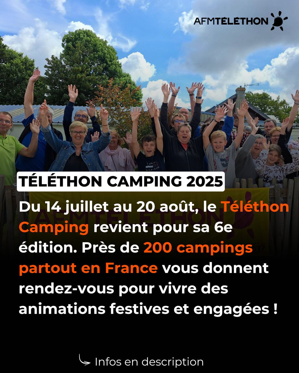 Telethon_France's tweet image. En vacances, jouez la carte de la solidarité avec le Téléthon Camping 2025 !
Du 14/07 au 20/08, + de 200 campings se mobilisent pour la recherche sur les maladies rares 💛
👉 bit.ly/4lnAZfH