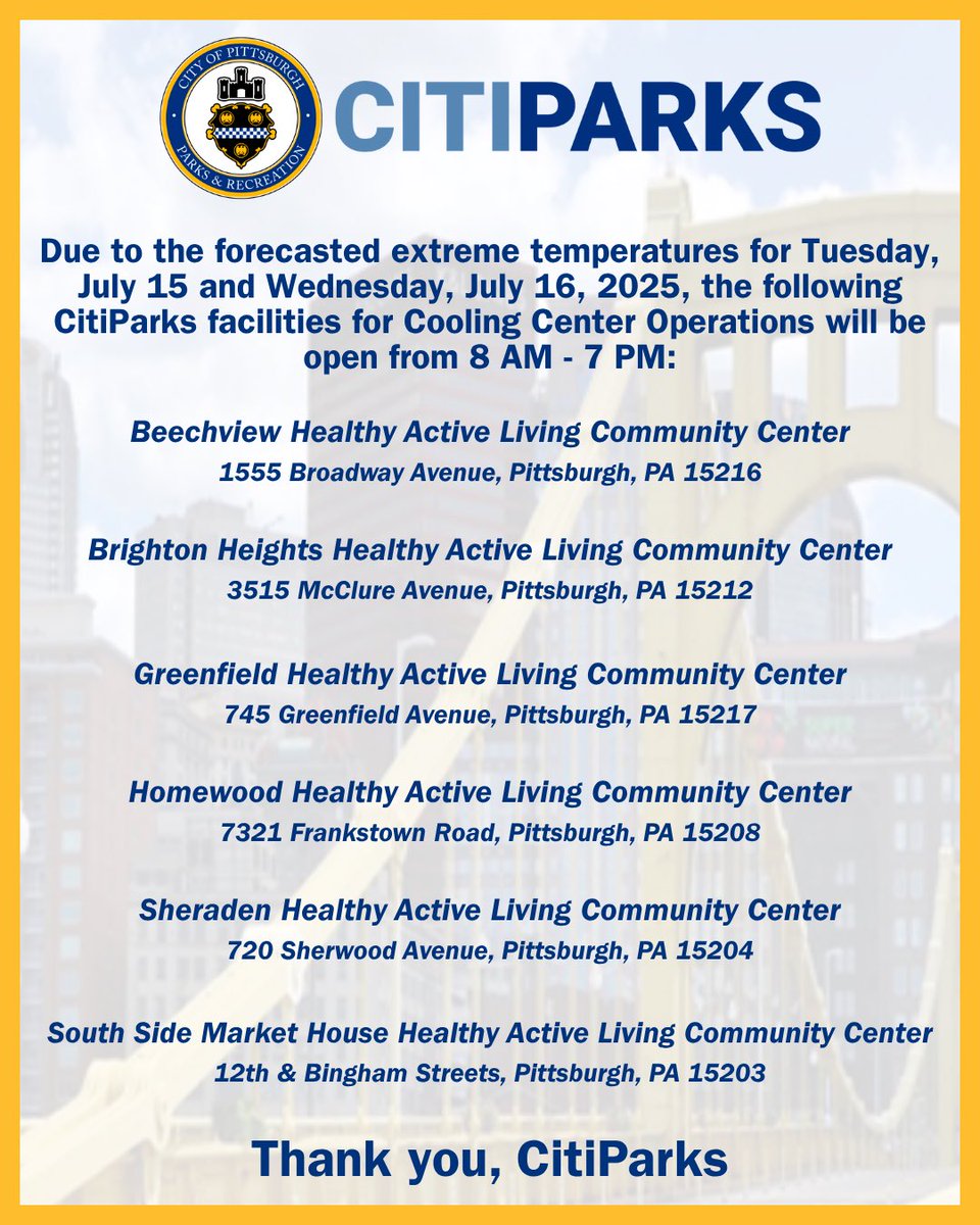 MayorEdGainey's tweet image. IMPORTANT NOTICE!
Due to the forecasted extreme temperatures for today, Tuesday, July 15 and Wednesday, July 16, 2025, COOLING CENTERS WILL BE ACTIVATED!
@CitiParks will active 6 HAL Senior Centers as Cooling Centers on 7/15 and 7/16 from 8 AM - 7 PM.