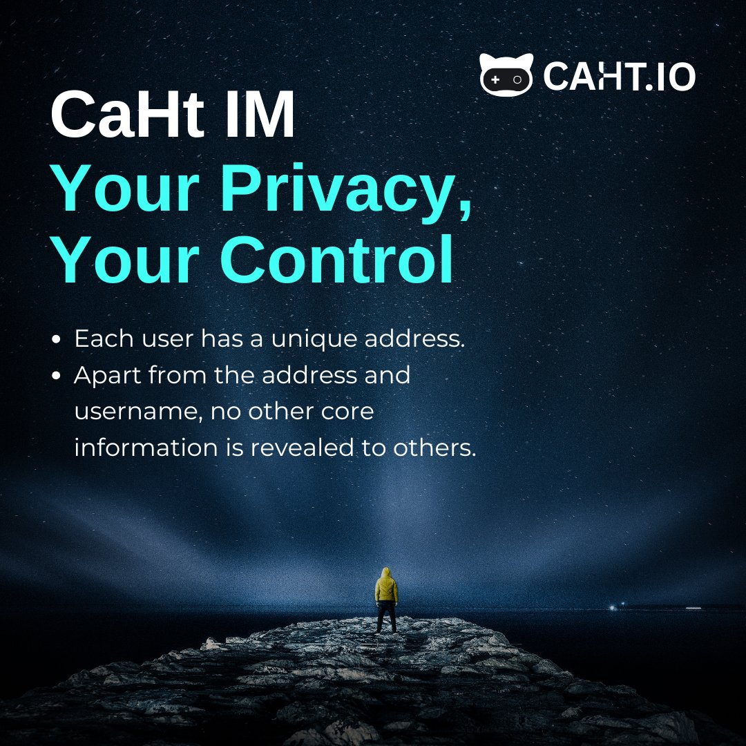 Privacy isn’t optional. It’s built-in.

Each user on CaHt IM has a unique address. Apart from your address &amp; username, no other core information is ever exposed.
#CaHtIO #Privacy #Web3 #Messaging