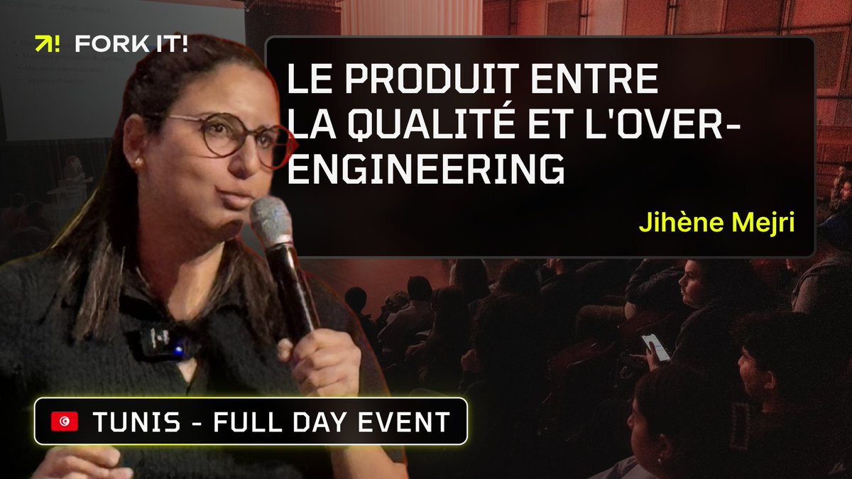 ForkitCommunity's tweet image. 🎤 Jihène Mejri took the stage for Fork it! #Tunis 2025 to give her talk "Le produit entre la qualité et l'Over-Engineering"
Missed it live? No worries: you can now (re)watch it on YouTube!
🔗 youtube.com/watch?v=_CaD7e…
#Overengineering #TechTalks #ForkIt2025 #TechCommunity