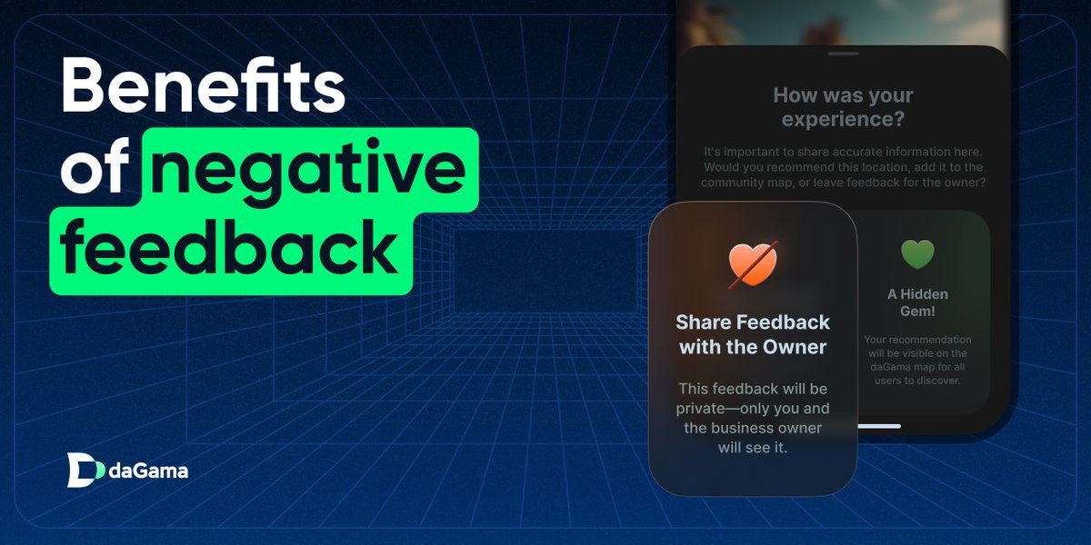 Benefits of negative feedback 👎💡

Not every place hits the mark – and that’s okay. On daGama, your negative feedback makes a difference, without the drama.

✔️ It’s private and anonymous.
Your review is sent only to the business owner – no public comments, no awkward moments.