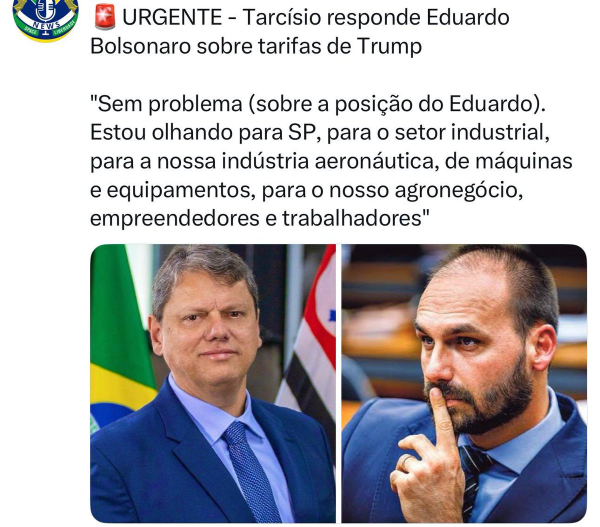 Eduardo Bolsonaro🇧🇷 (@bolsonarosp) on Twitter photo Prezado governador <a href="/tarcisiogdf/">Tarcísio Gomes de Freitas</a>, se você estivesse olhando para qualquer parte da nossa indústria ou comércio estaria defendendo o fim do regime de exceção que irá destruir a economia brasileira e nossas liberdades.
Mas como, para você, a subserviência servil as elites é Prezado governador <a href="/tarcisiogdf/">Tarcísio Gomes de Freitas</a>, se você estivesse olhando para qualquer parte da nossa indústria ou comércio estaria defendendo o fim do regime de exceção que irá destruir a economia brasileira e nossas liberdades.
Mas como, para você, a subserviência servil as elites é