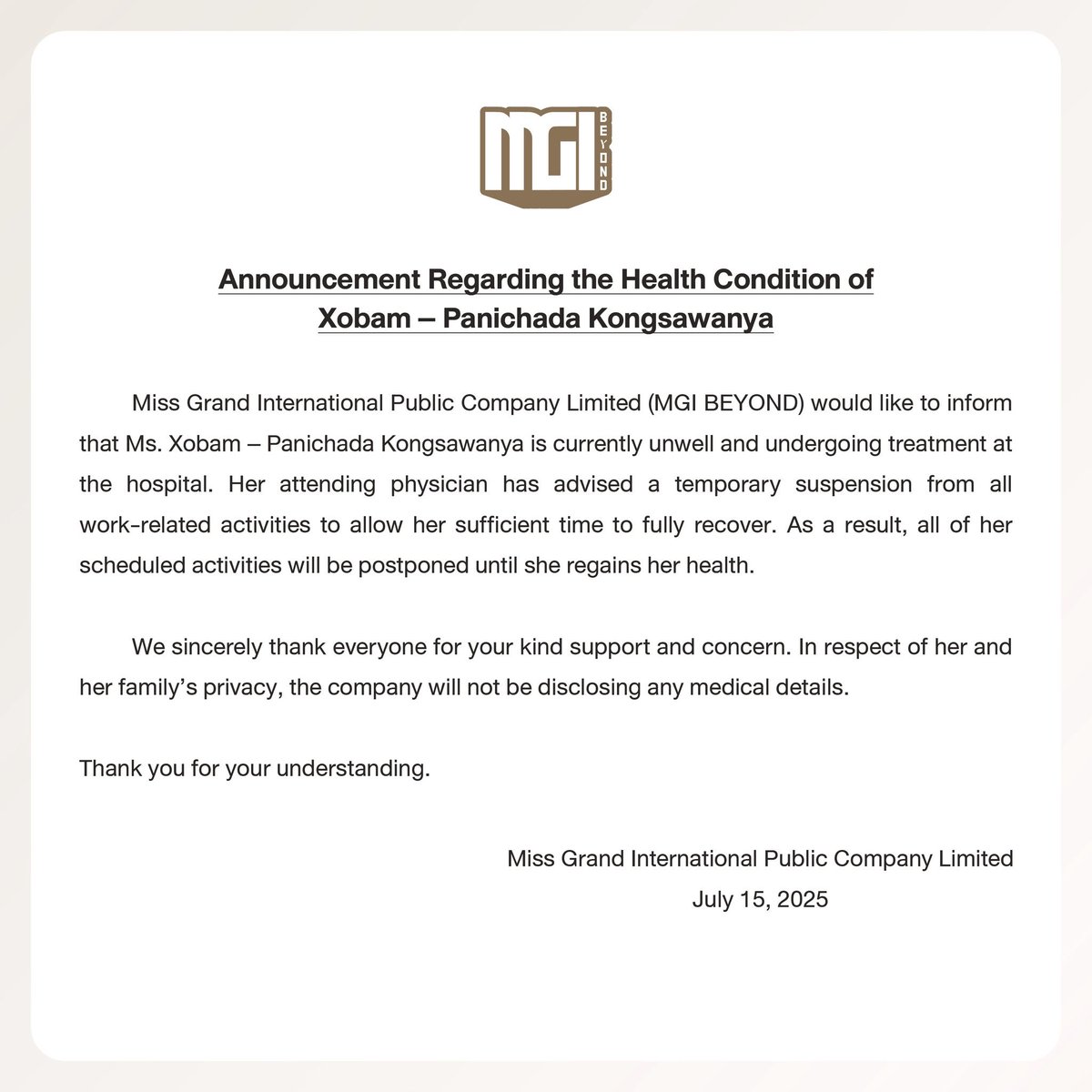 MGIBeyond's tweet image. ❗️ประกาศเกี่ยวกับอาการป่วยของ โซแบม – ปณิชดา คงสวรรยา
❗️Announcement Regarding the Health Condition of Xobam – Panichada Kongsawanya

#MGIBeyond