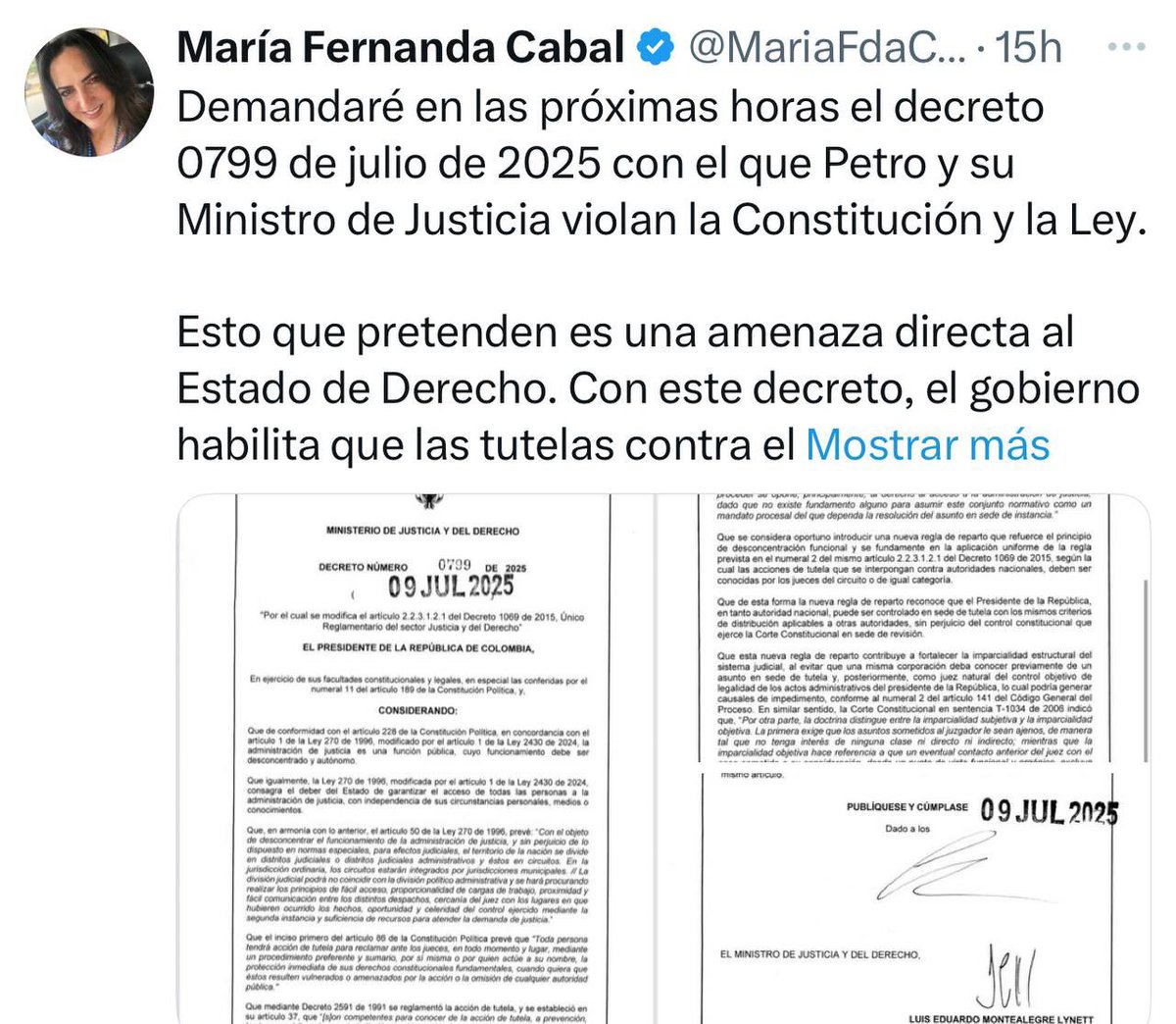 Senadora Cabal: el mismo presidente del Consejo de Estado reconoce que el decreto se hace en competencia y amparados por una normativa Constitucional, pero ustedes salen a demandarlo.

¿Cuántas veces demandaron a su presidente y jefe por ‘chuzar’ a magistrados de las cortes, la