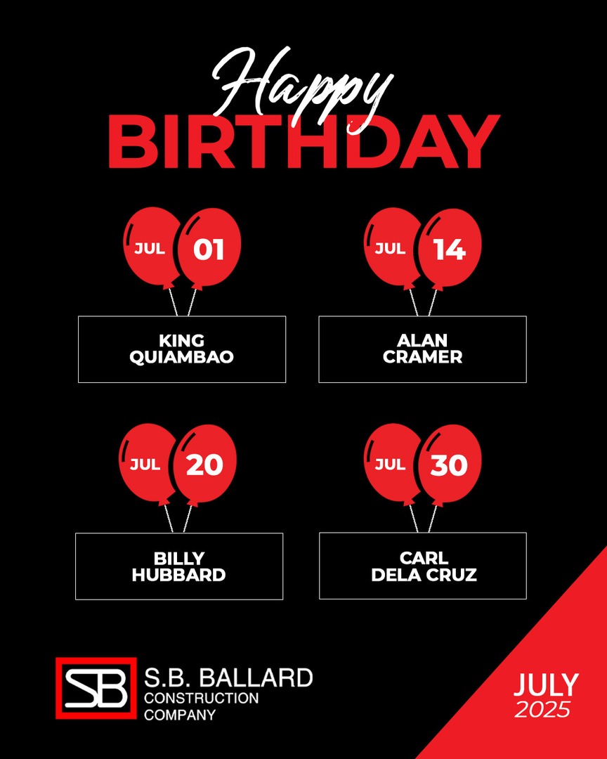Help us wish a happy birthday to our S.B. Ballard team members celebrating this month!

King, Alan, Billy, and Carl — we hope you have an amazing day!

#SBBallard #TeamBirthdays #JulyBirthdays #ConstructionCrewCelebrations