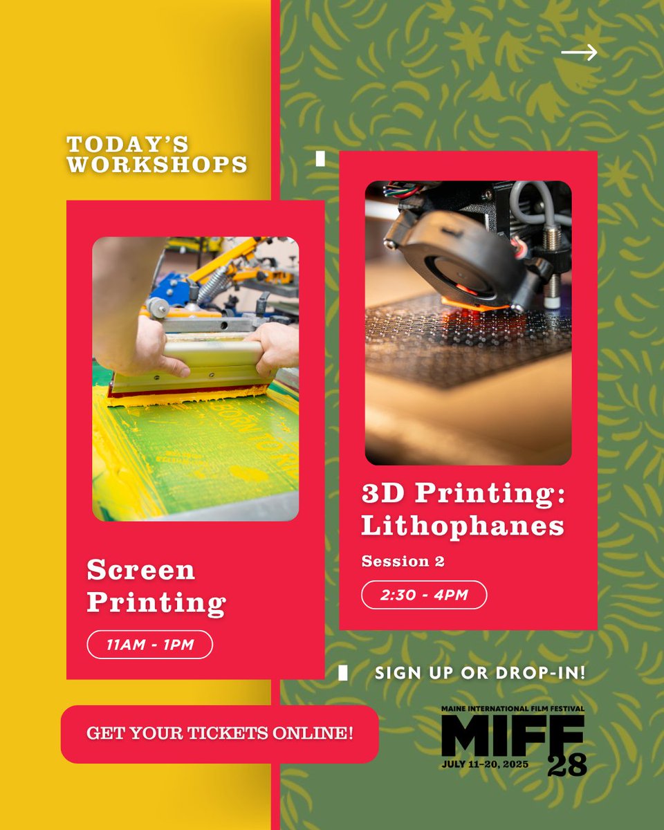mainefilmcenter's tweet image. Hands-on creativity at @MIFFMaine:
🖨 3D Printing: Lithophanes | 2:30–4pm
Details: watervillecreates.org/shows/miff28-3…
🎨 Screen Printing Workshop | 11am–1pm
Details: watervillecreates.org/shows/miff28-d…
Drop in, create, and explore.
#MIFF28 #FestivalWorkshops #WatervilleCreates
