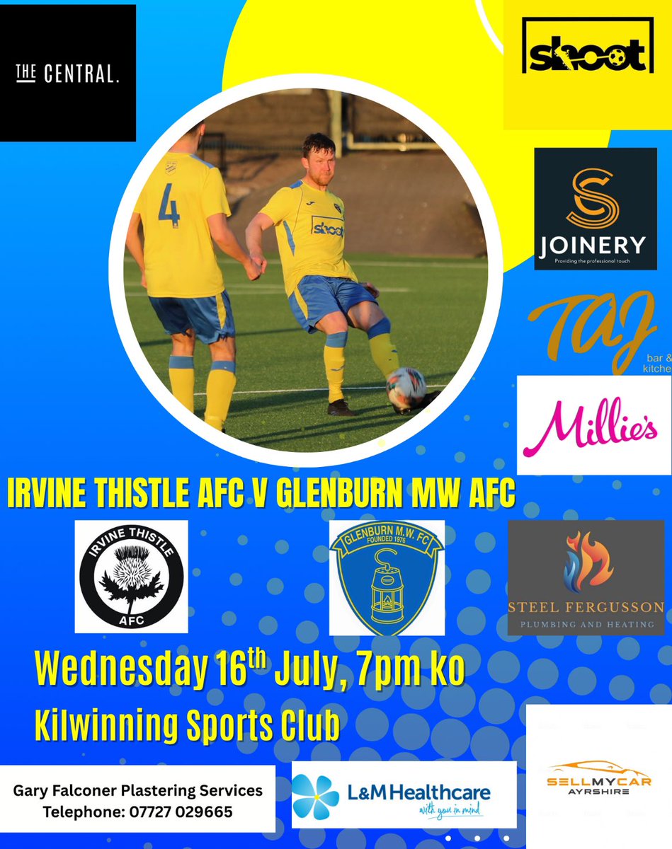 Glenburn MW AFC (@glenburnmwafc) on Twitter photo We have our second pre season game tomorrow night. We play Irvine Thistle AFC at Kilwinning Sports Club. 7pm ko
Get along and support the lads.
#montheminers 🟡🔵🟡
<a href="/scottish_aff/">AmateurFixturesResultsSCO</a> <a href="/SMMediaEnt/">SM Media</a> <a href="/ftsc0res/">fulltimesc0res</a> <a href="/AyrshireAFA/">Ayrshire Amateurs</a> We have our second pre season game tomorrow night. We play Irvine Thistle AFC at Kilwinning Sports Club. 7pm ko
Get along and support the lads.
#montheminers 🟡🔵🟡
<a href="/scottish_aff/">AmateurFixturesResultsSCO</a> <a href="/SMMediaEnt/">SM Media</a> <a href="/ftsc0res/">fulltimesc0res</a> <a href="/AyrshireAFA/">Ayrshire Amateurs</a>