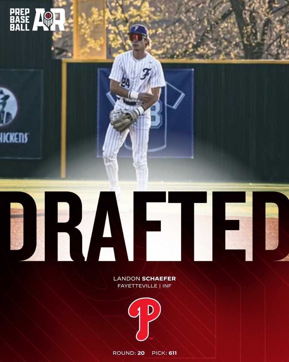 Congratulations to INF Landon Schaefer (Fayetteville, 2025; Arkansas signee) on being selected by the Philadelphia Phillies with the 611th pick of the 2025 MLB Draft.

#RingTheBell // #MLBDraft // <a href="/LandonSchaefer2/">Landon Schaefer</a>