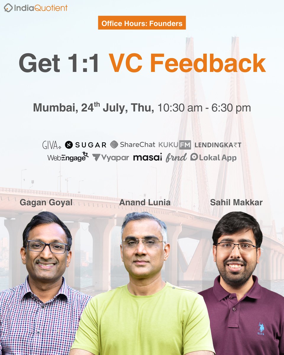 Avlesh Singh (@avlesh) on Twitter photo A must attend for all early stage founders in Mumbai - Office Hours by the amazing folks at IQ.
@AnandLunia & the <a href="/IndiaQuotient/">IndiaQuotient</a> gang are not your usual VC. You can expect unfiltered advice, great insights and a solid network to tap into.
Register here: lu.ma/6lgc43la A must attend for all early stage founders in Mumbai - Office Hours by the amazing folks at IQ.
@AnandLunia & the <a href="/IndiaQuotient/">IndiaQuotient</a> gang are not your usual VC. You can expect unfiltered advice, great insights and a solid network to tap into.
Register here: lu.ma/6lgc43la