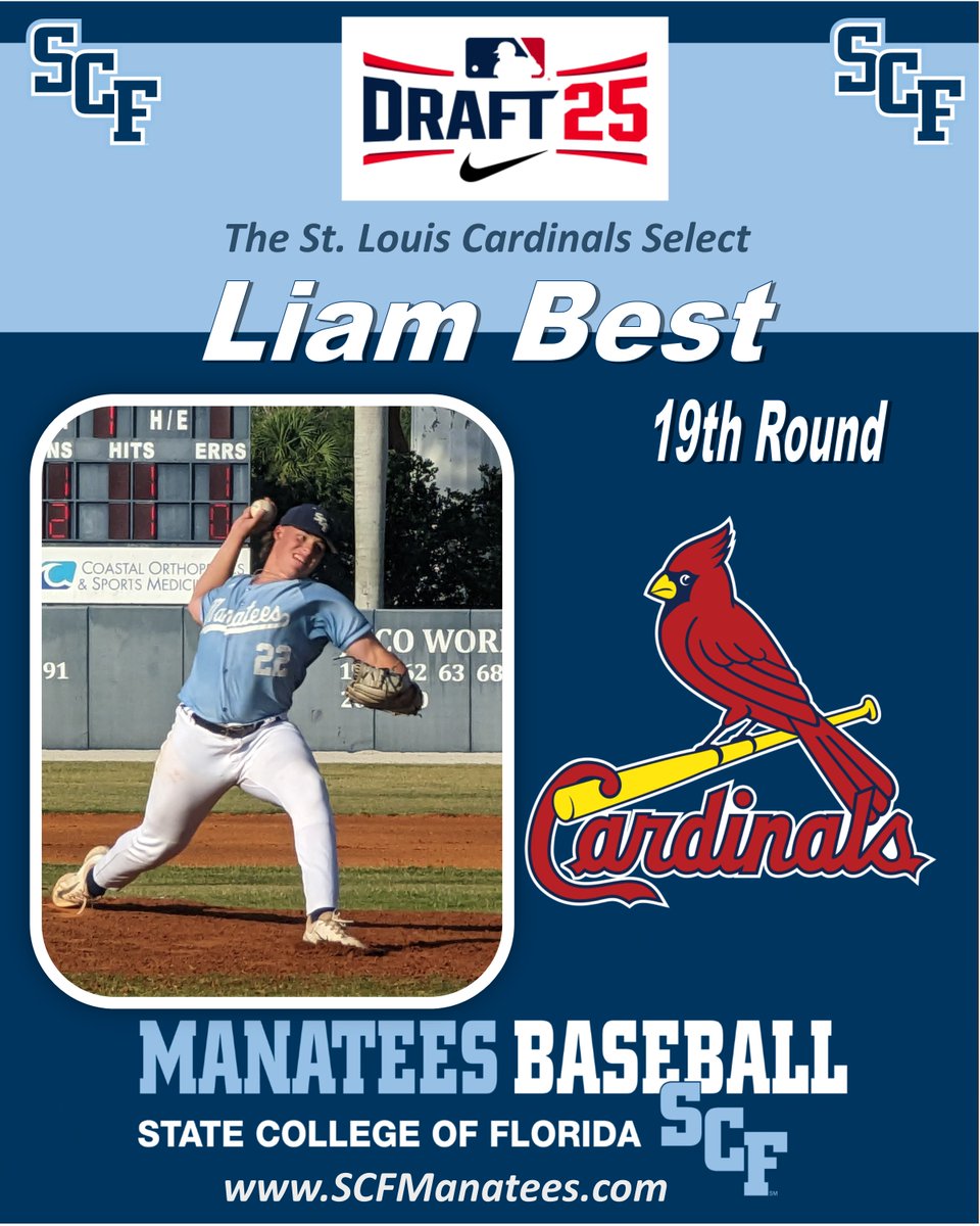 SCFBaseball's tweet image. The @Cardinals selected former MANATEE @liambest22 out of @AppBaseball in the 19th round of the 2025 @MLBDraft. Congrats Liam on a fantastic opportunity!!! Another SCF pitcher from the 2023 #TEES to move on to professional baseball!!! @SCFManatees
.