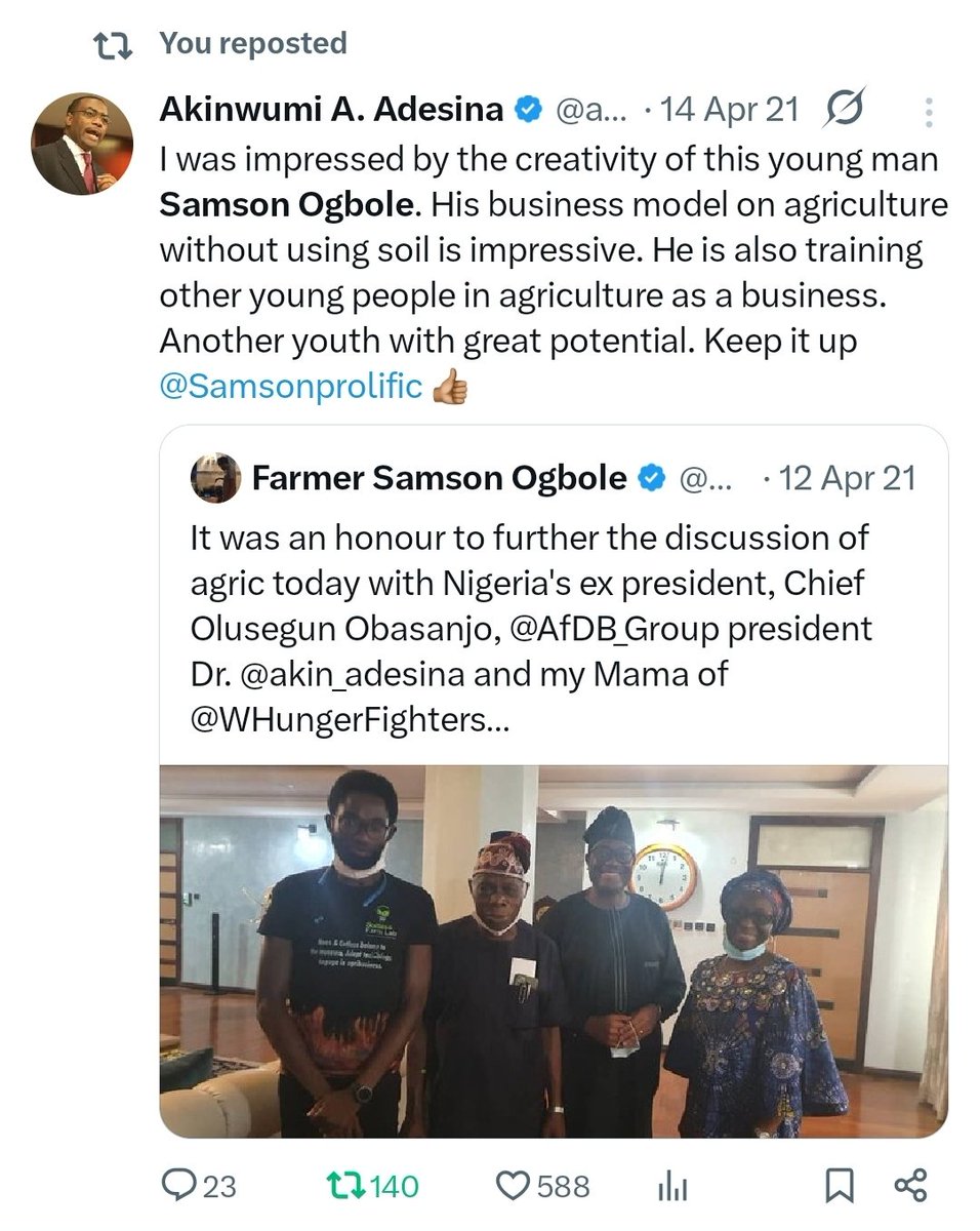 Samsonprolific's tweet image. Dear Young Agriprenuer,
Ideas are great, dream big, believe in yourself, but take it from your head to a document (pitch or business plan). Look within, you always have something to start, and your start point may not look like the vision, but it is a start.
Farmer Samson:…