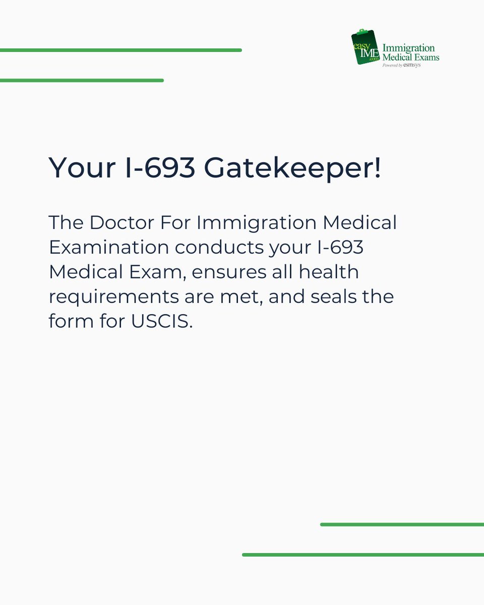 easyIME's tweet image. Who is the USCIS Civil Surgeon and why are they so vital for your I-693 Medical Exam?
Find your expert Immigration Doctor easily with easyIME!
#USCISCivilSurgeon #I693 #ImmigrationDoctor #GreenCardProcess #CivilSurgeon #easyIME #MedicalExam #ExpertGuidance