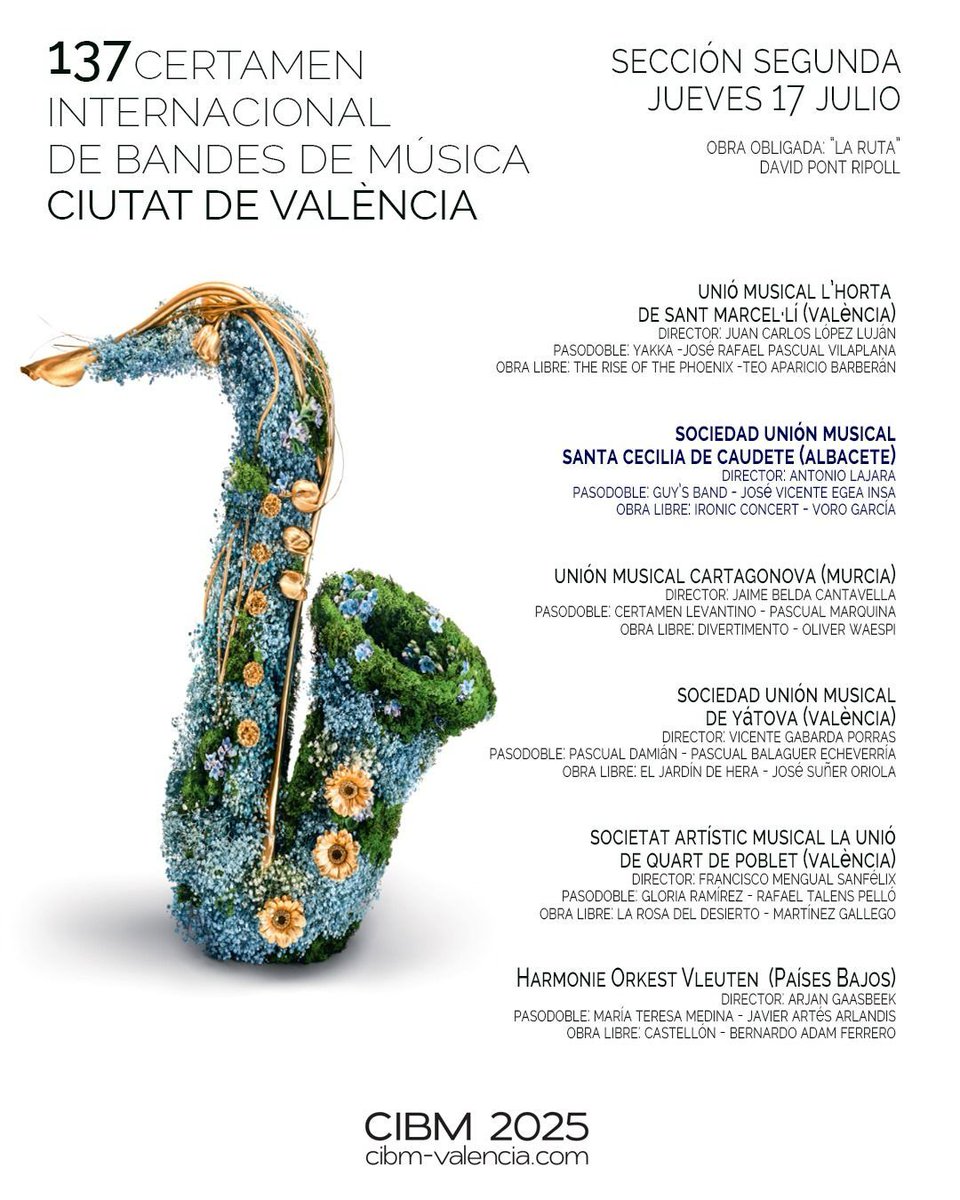 CIMB València. Dijous 17 de juliol. 
Estrena de l'obra "Ironic concert" per orquestra de vents.
Encàrrec de la Societat Unión musical Santa Cecilia de Caudete. 
Antonio Bajará, director. 
Palau de la música de València.
Quedeu convidats!