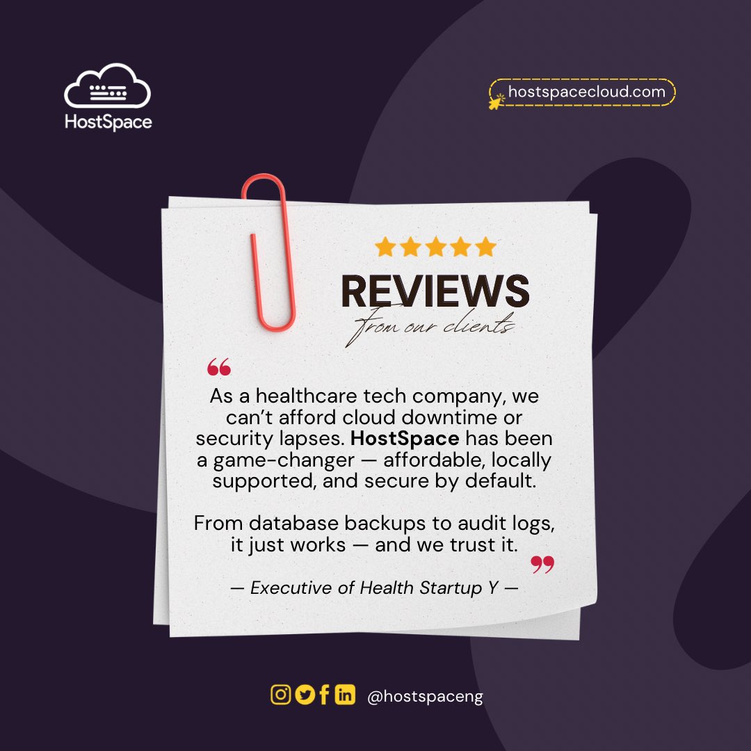 hostspaceng's tweet image. Hear it from real teams
HostSpace keeps your apps

💯 Compliant
🔒 Secure, and
⚡ Fast as lightning, with
💪 Local support that actually answers.

Join hundreds of businesses moving to infrastructure they trust.

#HostSpaceTestimonial #SecureCloud #CloudCompliance…