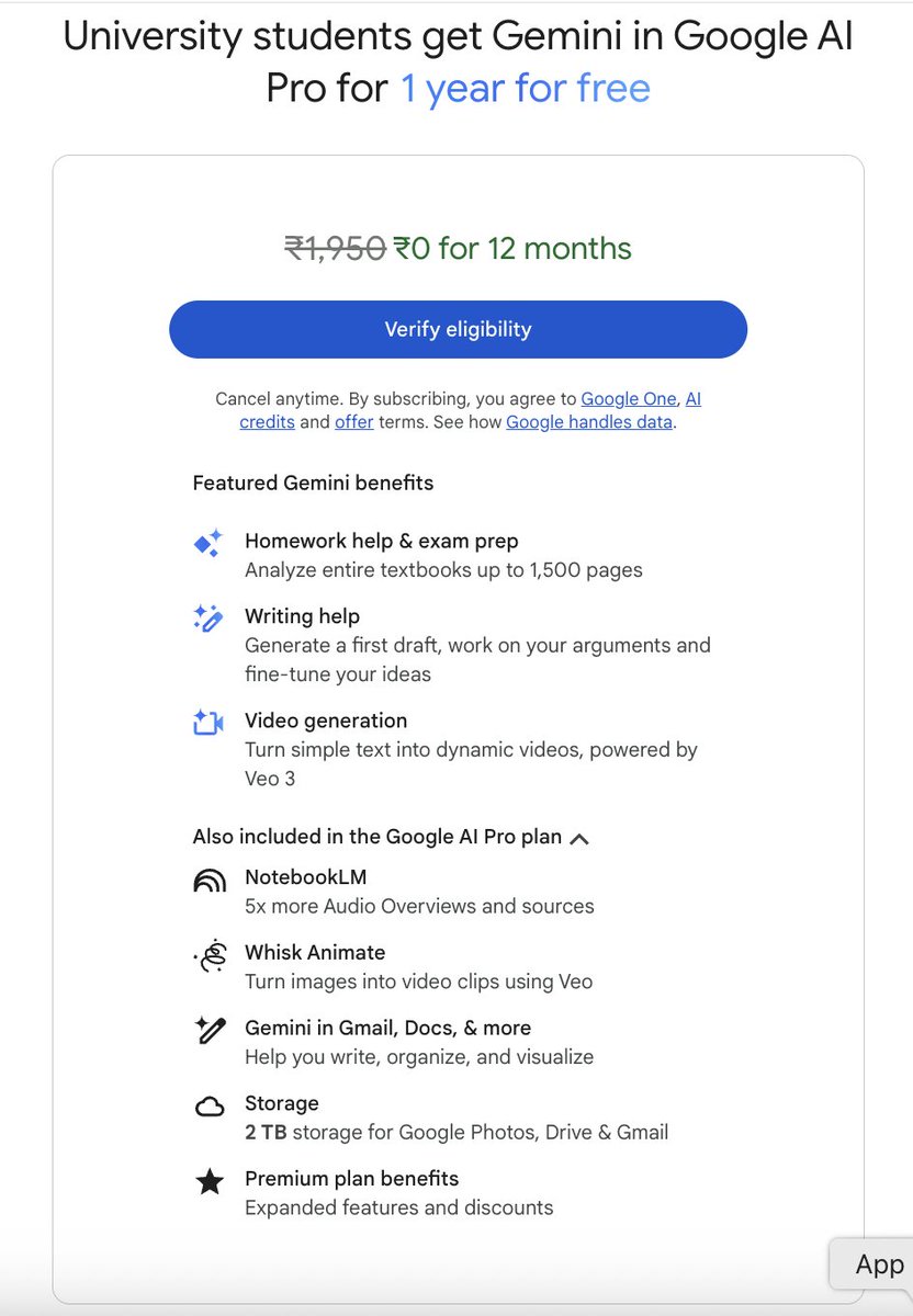 🚀Google is dropping a ₹19,500 bomb of goodness! 

🤯 Free Gemini AI Pro plans for eligible Indian students! 🎓 

This means:
✨ Veo 3 for next-gen video creation
💾 2 TB storage (no more "storage full" alerts!)
🧠 Gemini AI across ALL Google Apps

An incredible step by Google
