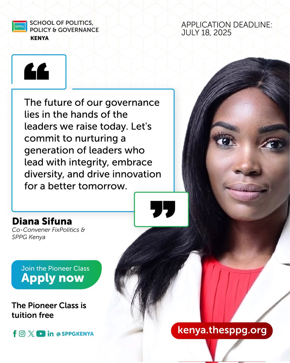 The future of our governance lies in the hands of the leaders we raise today.
At SPPG Kenya, we’re not just teaching leadership  we’re shaping values-based changemakers ready to transform Kenya’s political and policy landscape.

Be part of the solution.
Application Deadline: July