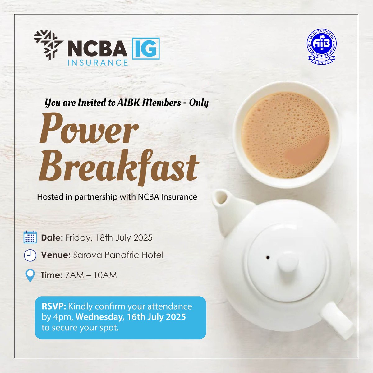 🌟AIBK Members – You won’t want to miss this!🌟
We’re thrilled to invite you to a high-impact Power Breakfast. Connect, gain fresh perspectives, and discover exciting new opportunities, courtesy of our valued partners at NCBA Insurance.

#AIBKMembersBreakfast